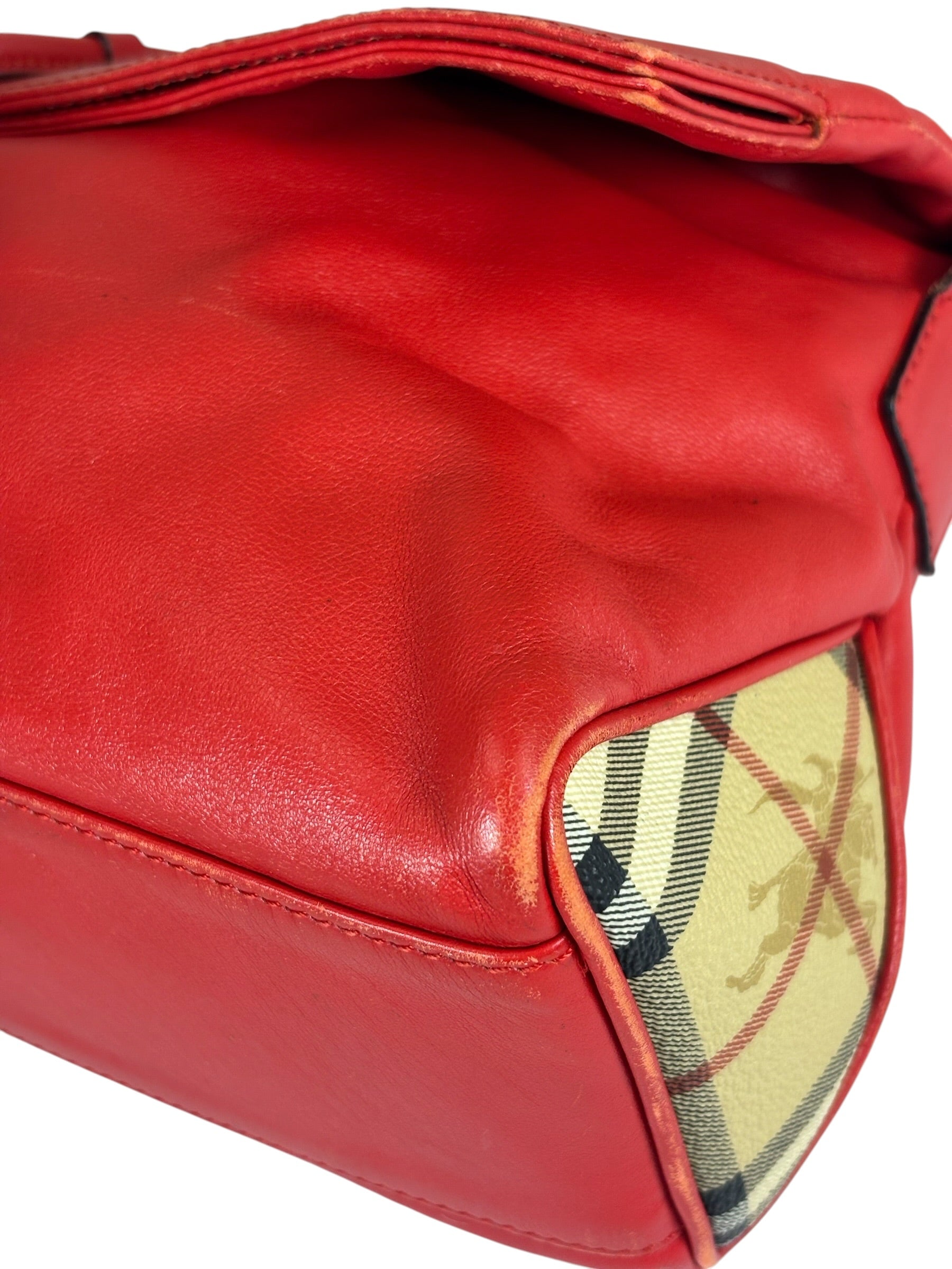 Burberry Red Leather Haymarket Check Shoulder Bag