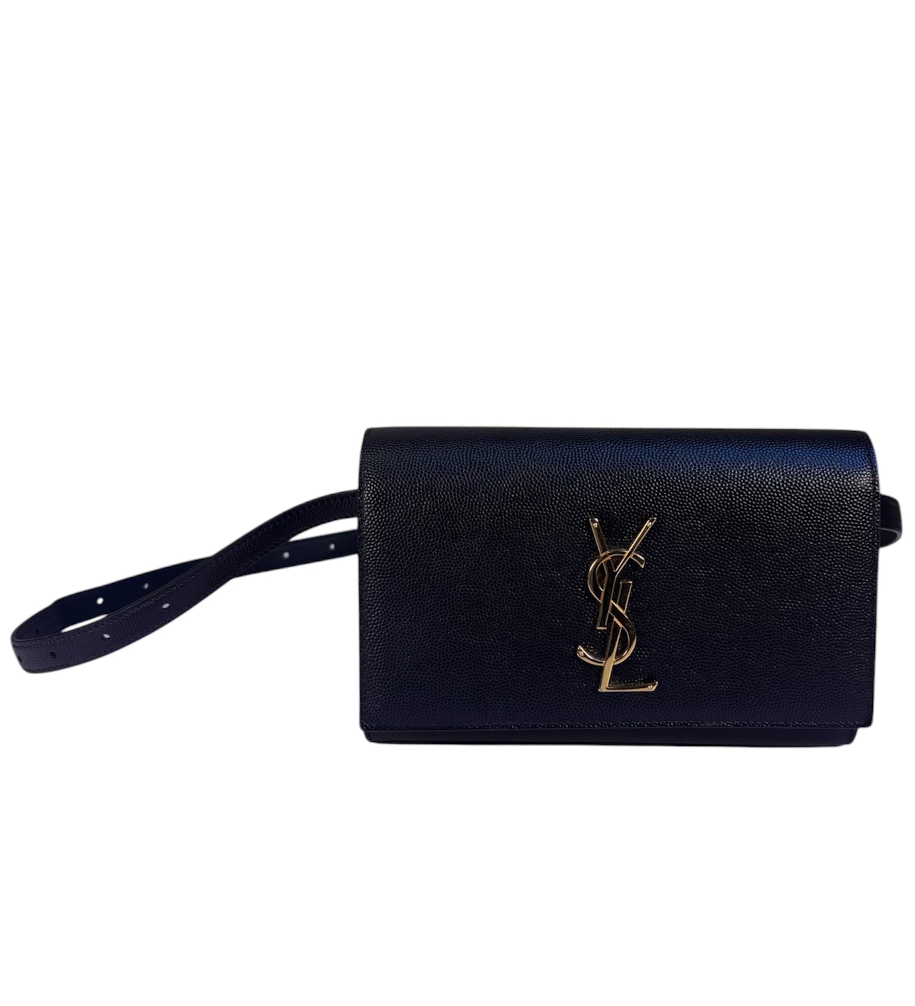 Yves Saint Laurent Black Pebbled Leather Wallet On Chain