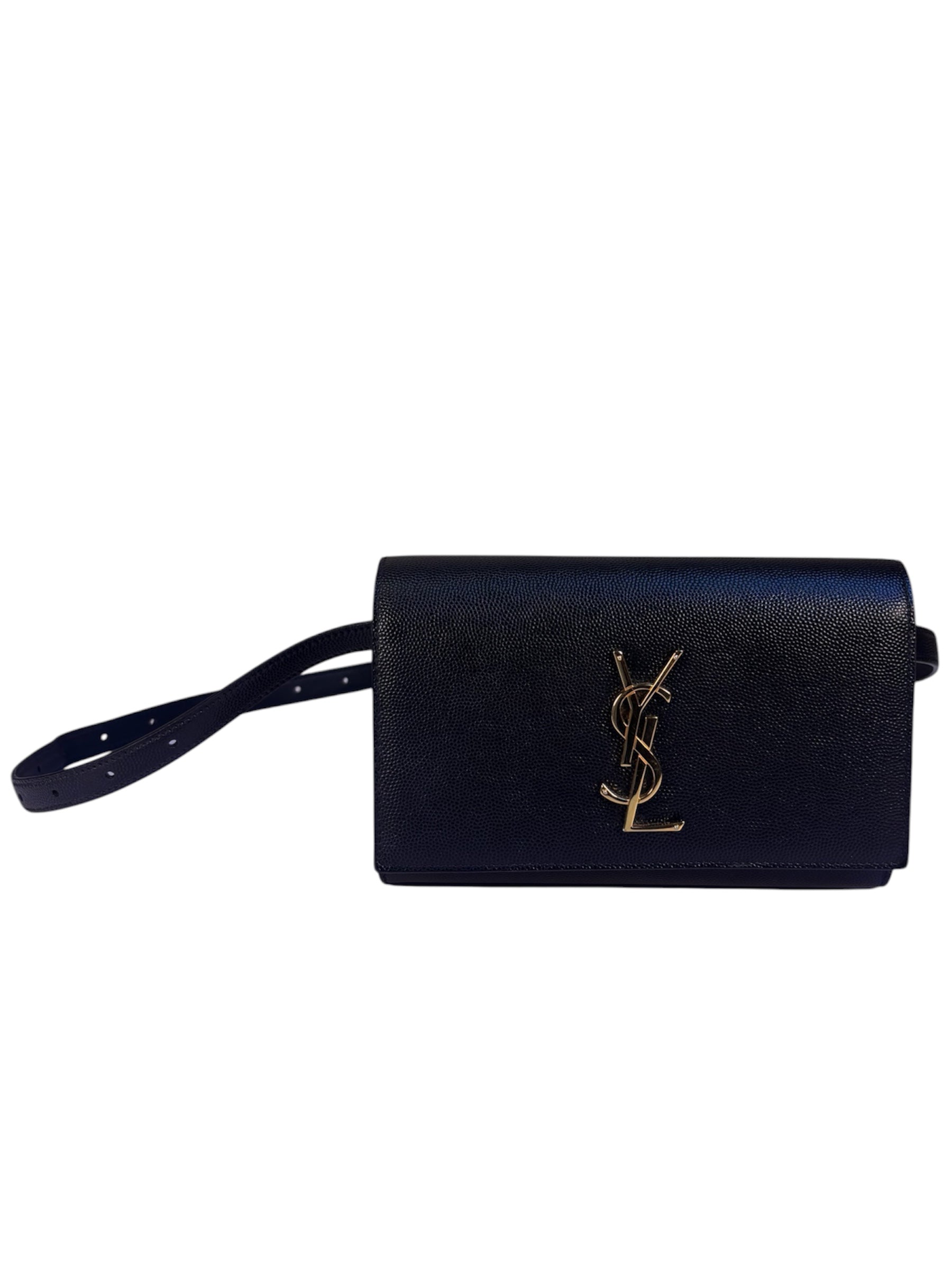 Yves Saint Laurent Black Pebbled Leather Wallet On Chain