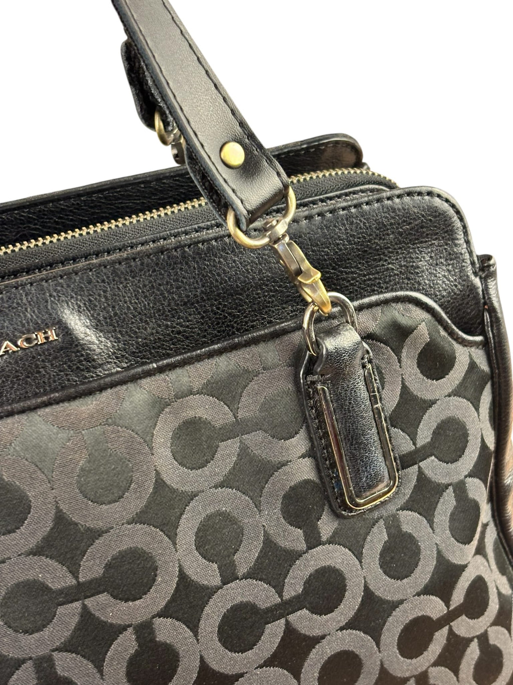 Coach Black Leather Trim Madison Op Art Sateen Phoebe Shoulder Bag