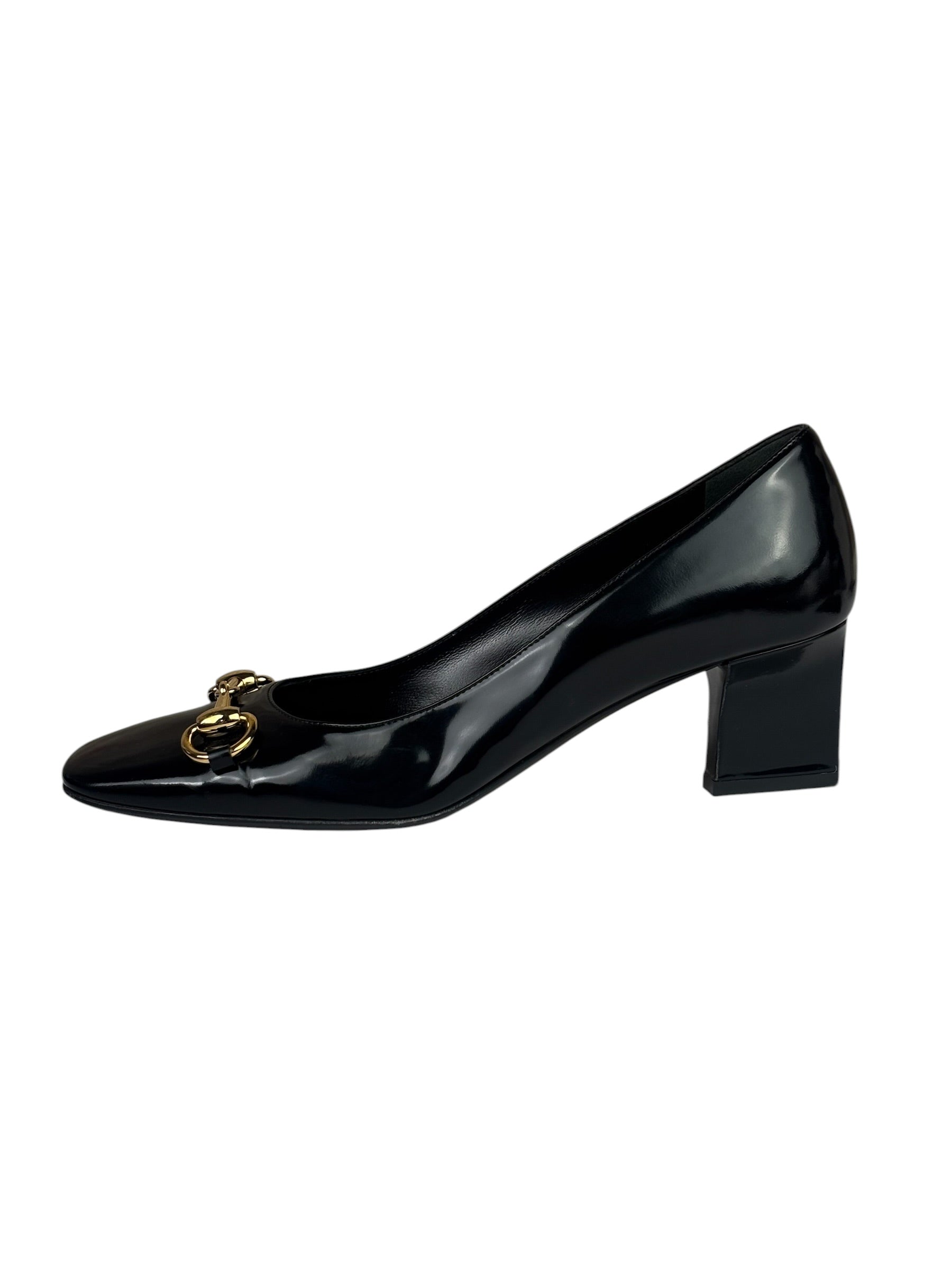 Gucci Women's Gold Horsebit Signora Black Leather Pumps
