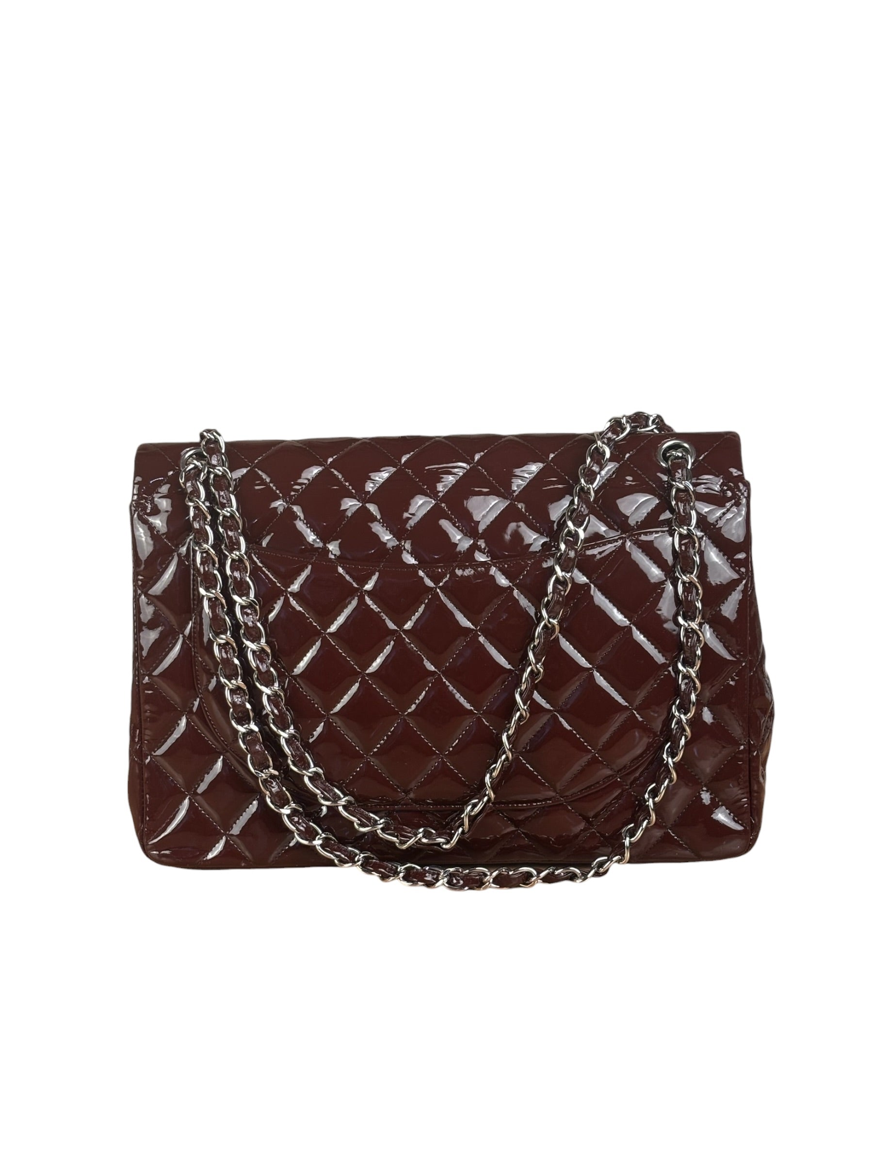 Chanel Burgundy Patent Leather Double Flap Maxi Jumbo Shoulder Bag