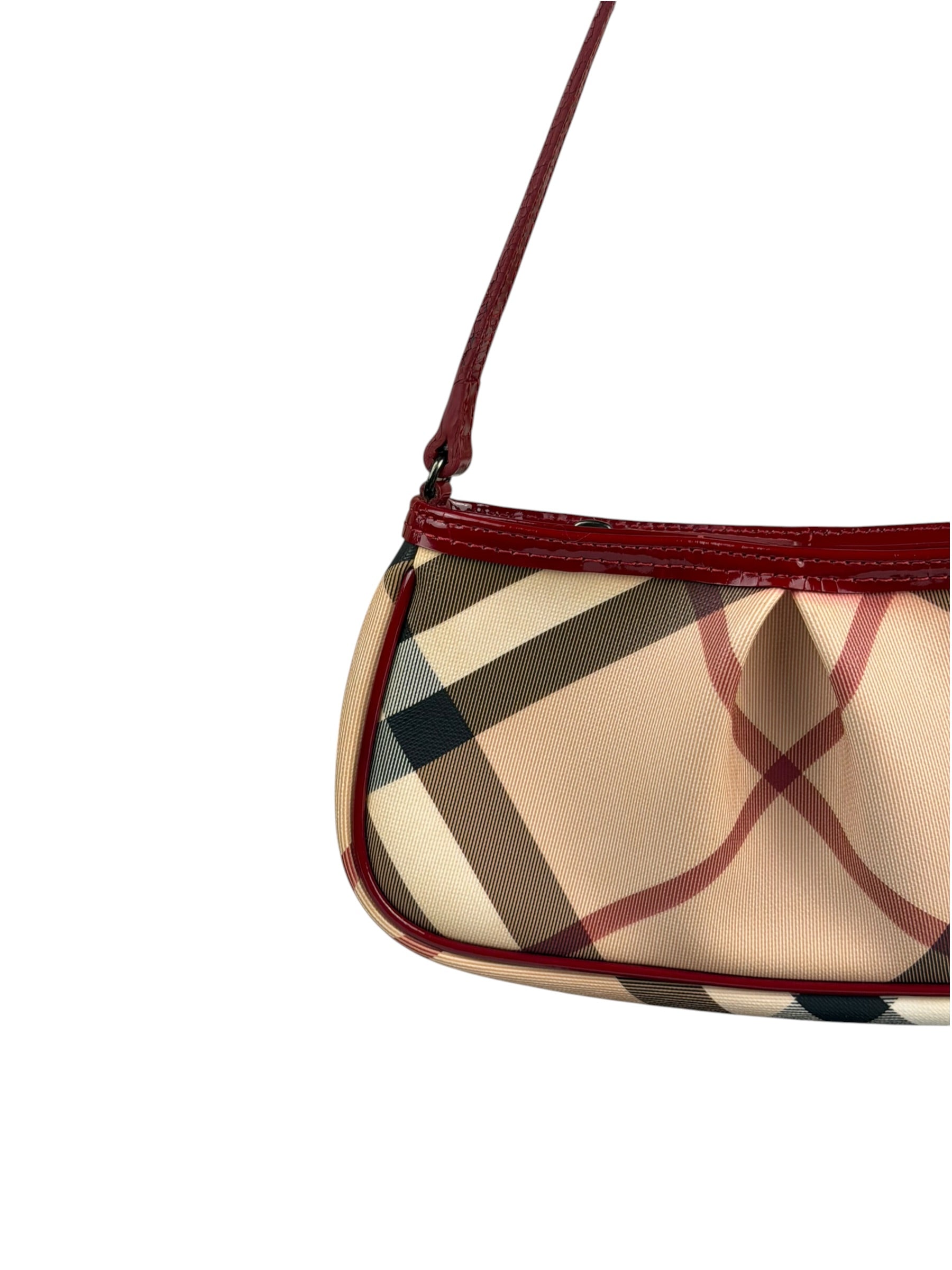 Burberry Red Patent Leather Trim Super Nova Check Pochette
