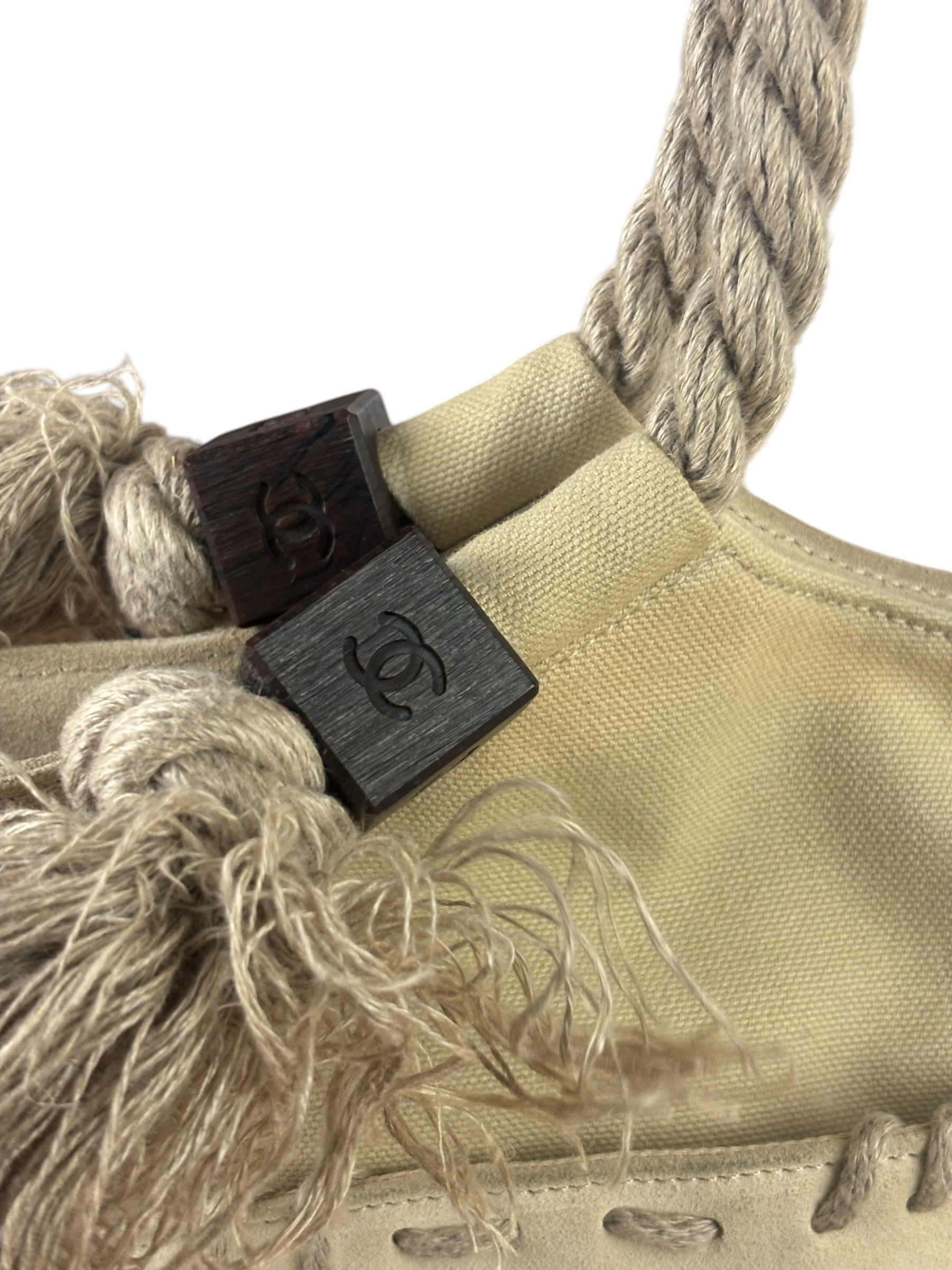 Chanel Vintage Beige Denim/Leather Trim Camellia Rope Tote