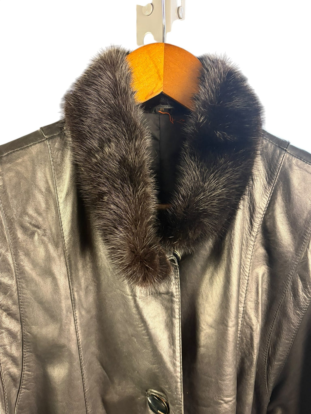 Vintage Black Sheepskin Leather Mink Fur Collar Long Coat