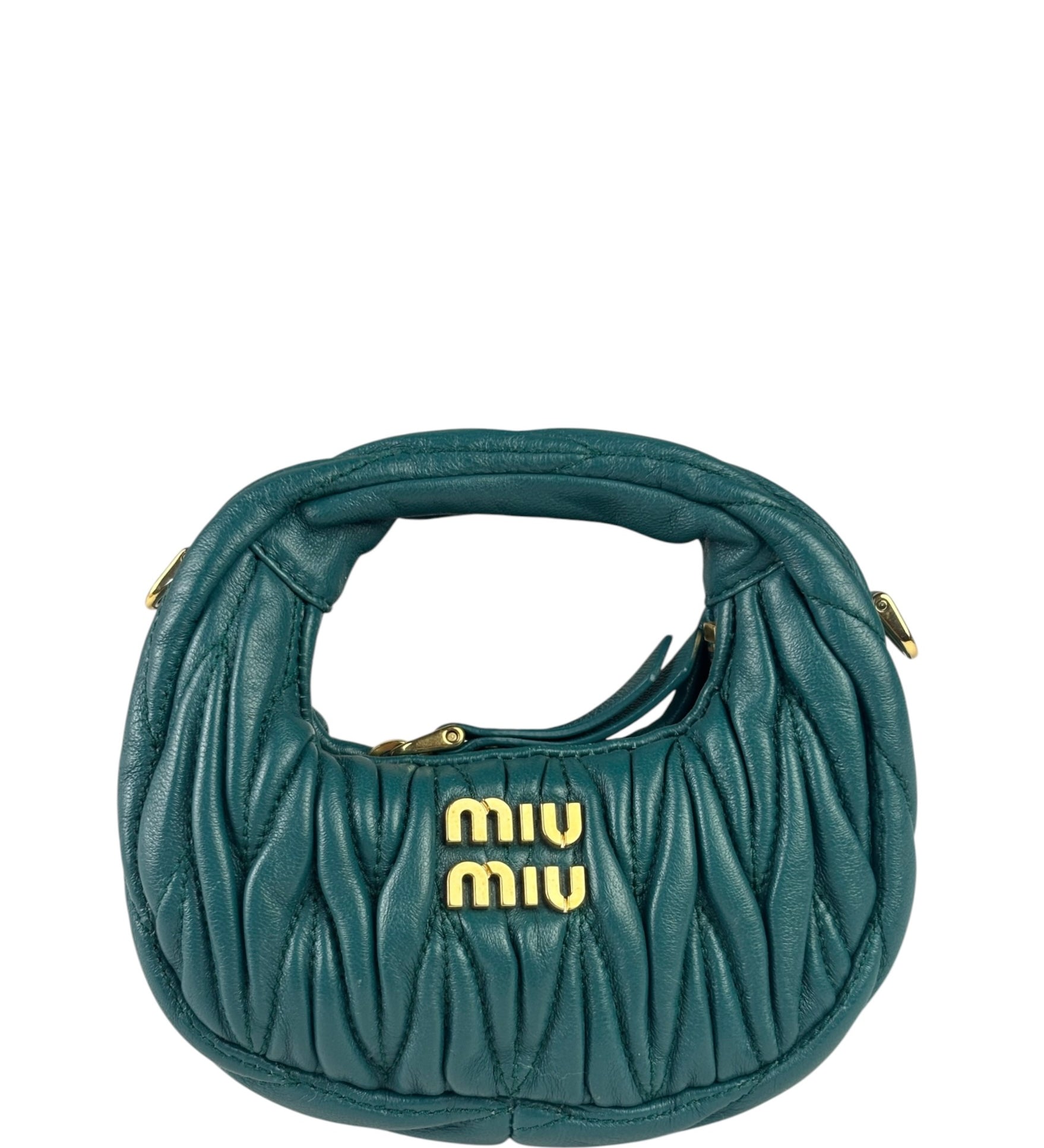 Miu Miu Dark Green Nappa Leather Wander Matelasse Micro Hobo Bag