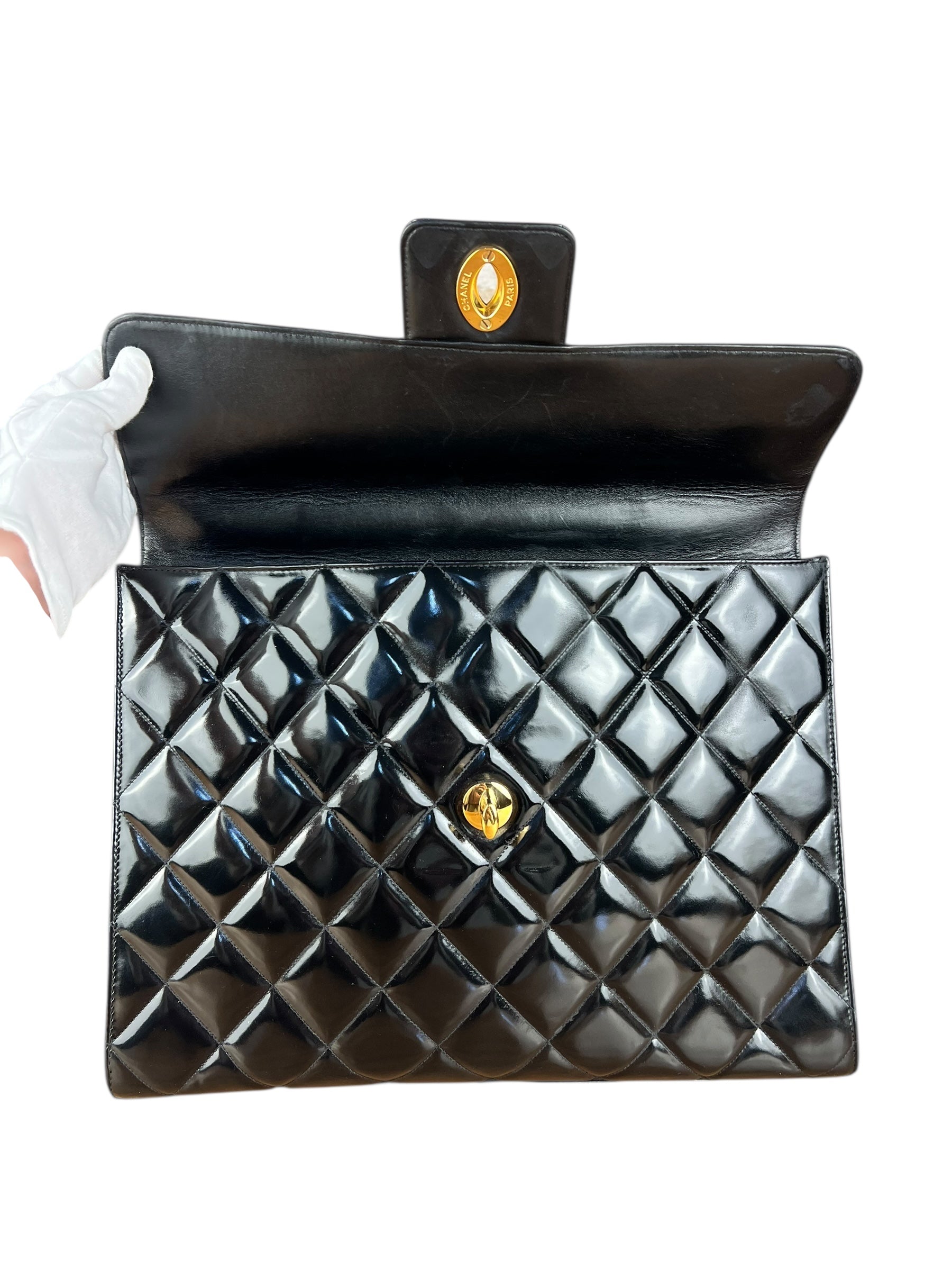 Chanel CC Black Patent Quilted Flap Briefcase Handbag '95