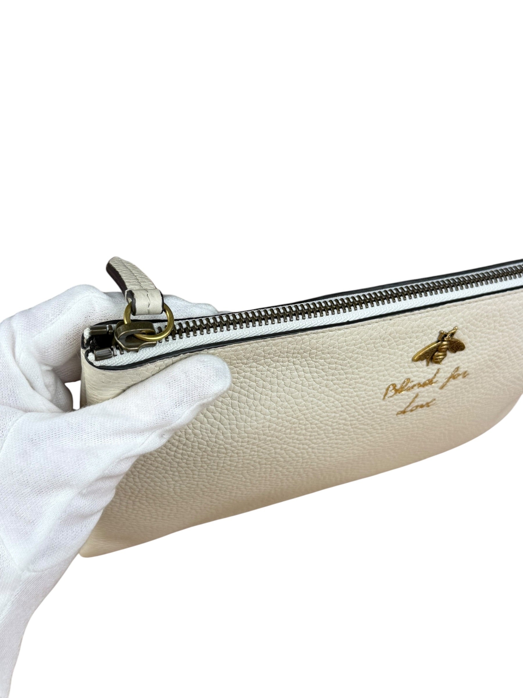 Gucci Ivory Pebbled Leather Bee Zip Clutch Pouch