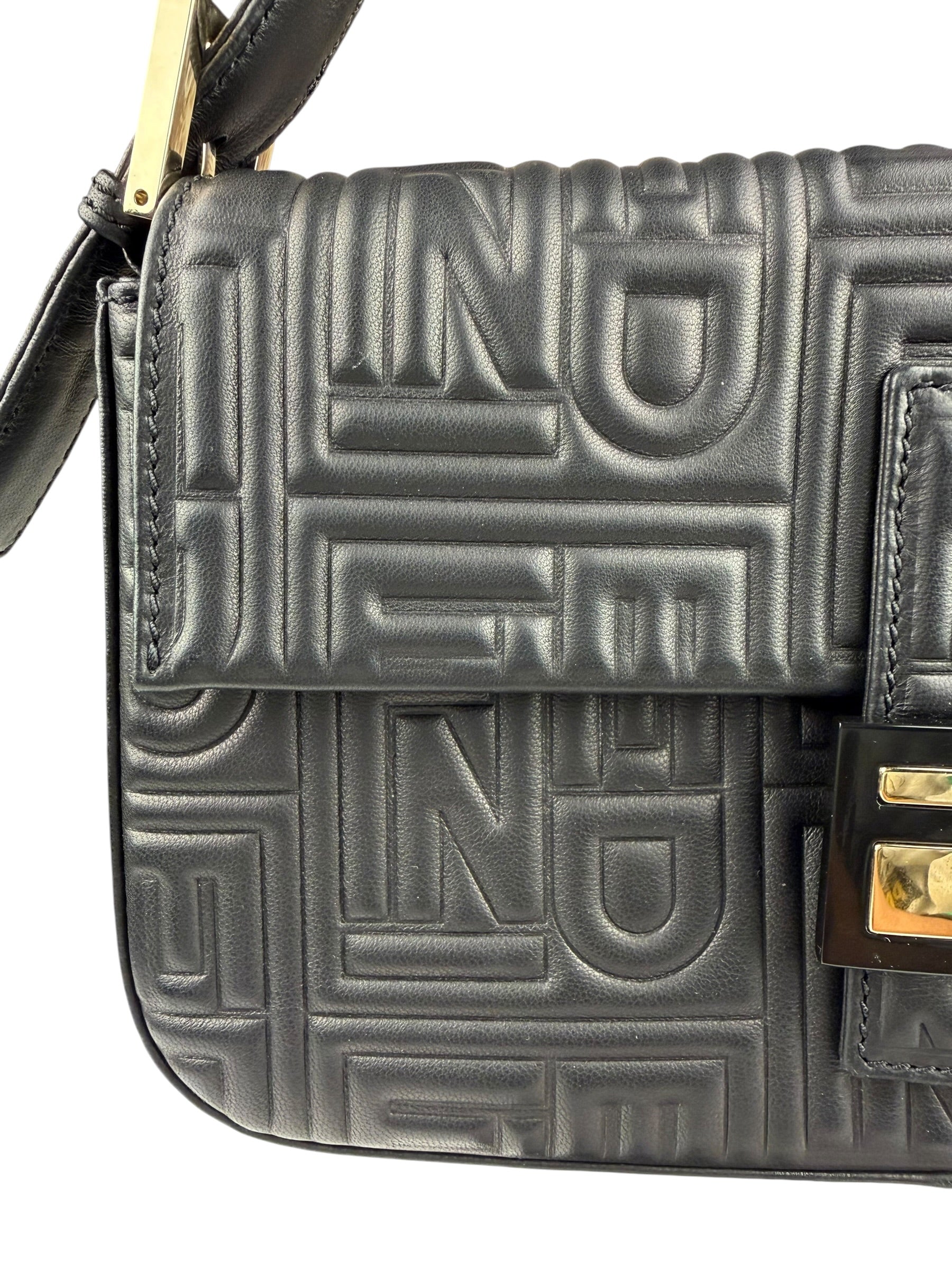 Fendi Black Leather 3D Logo Embossed Baguette