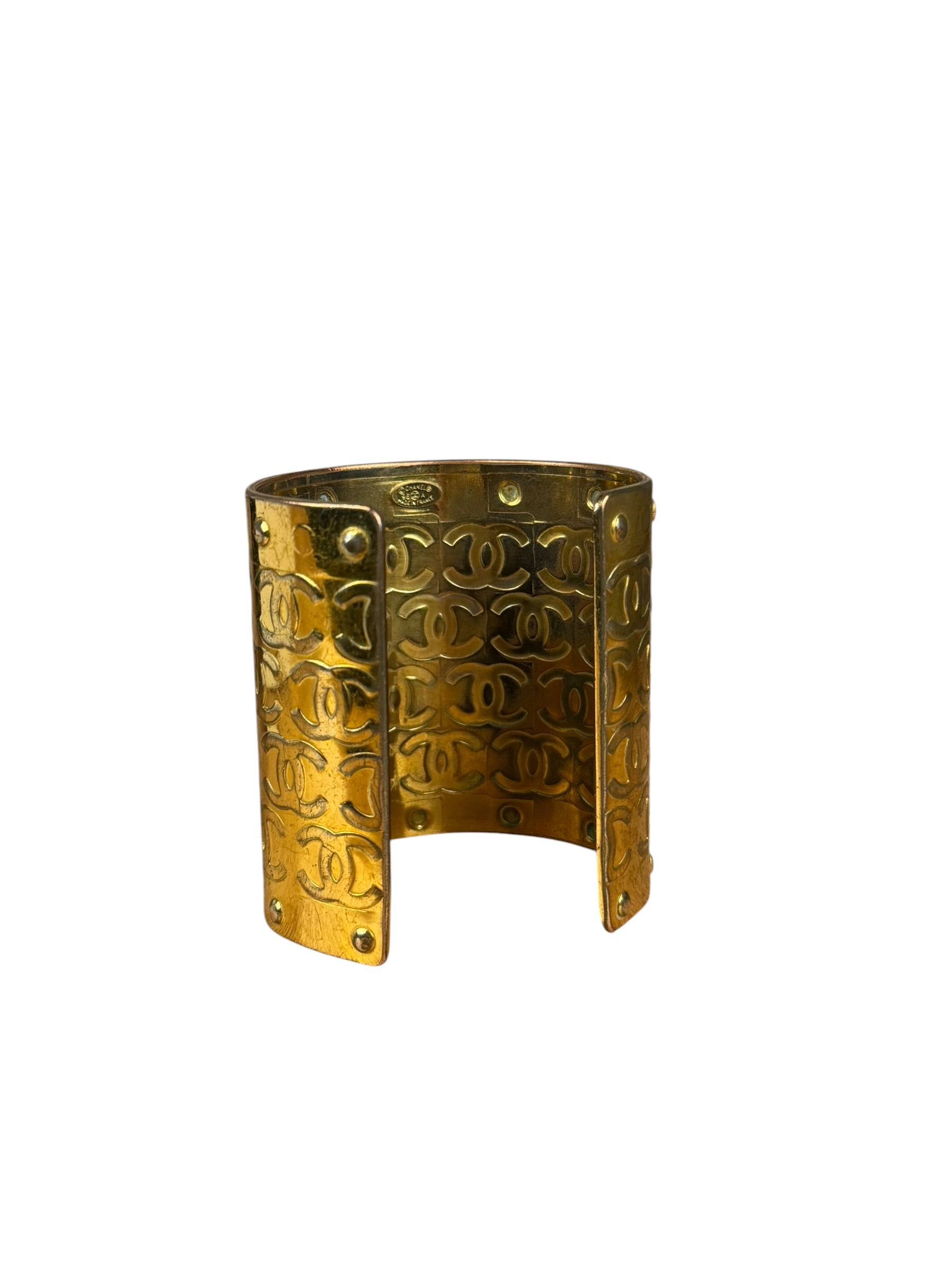 Chanel Vintage Gold CC Print Cuff Bracelet