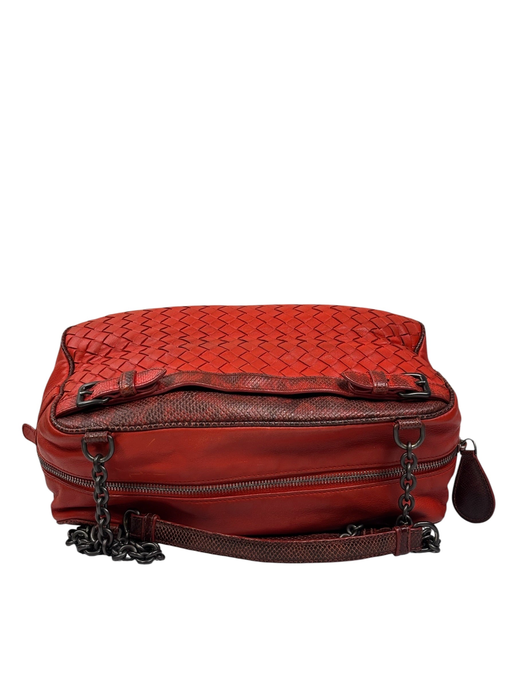 Bottega Veneta Red Lambskin/Lizard Intrecciato Shoulder Bag