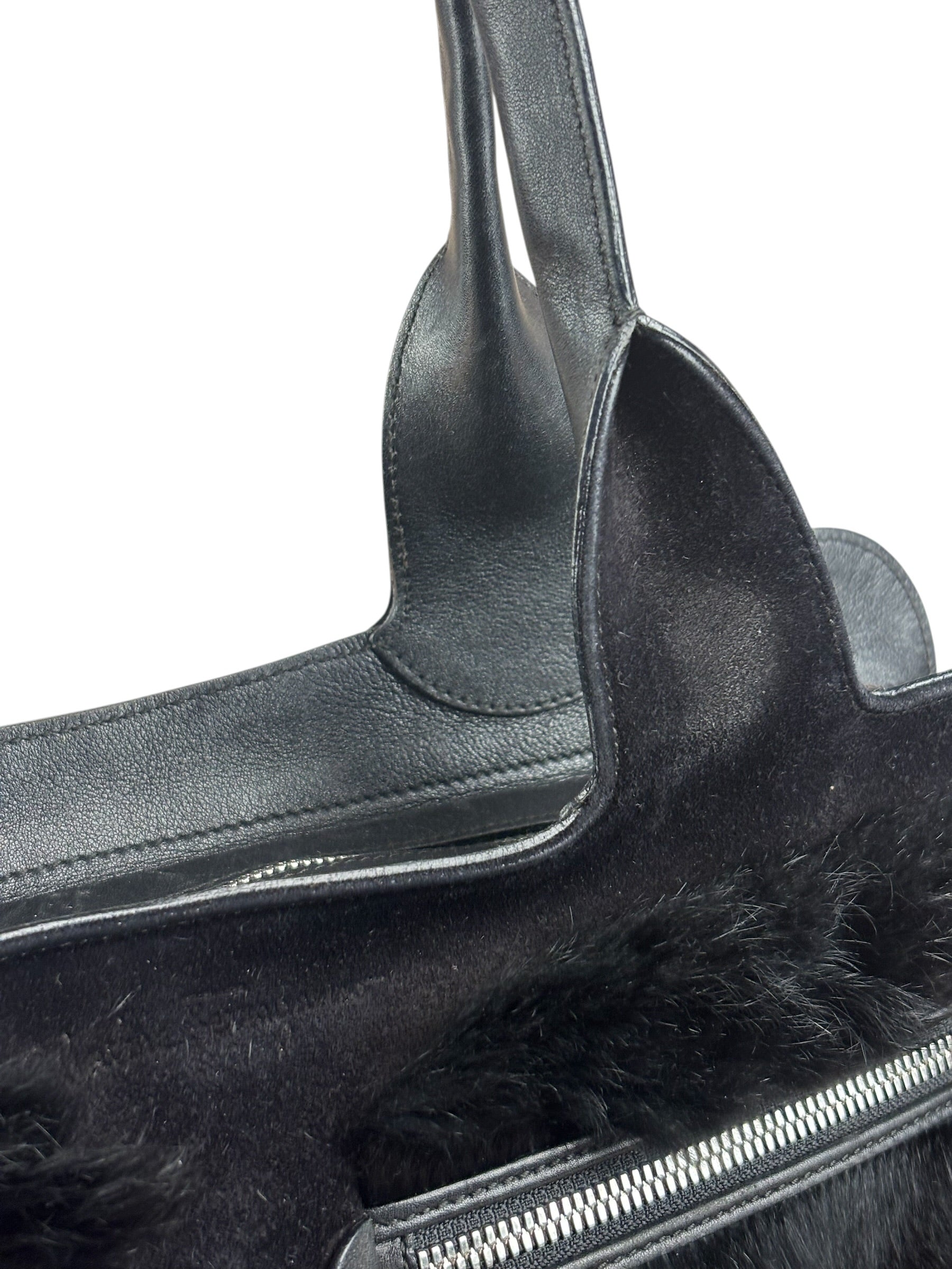 Salvatore Ferragamo Black Rabbit Fur Leather Trim Shoulder Bag