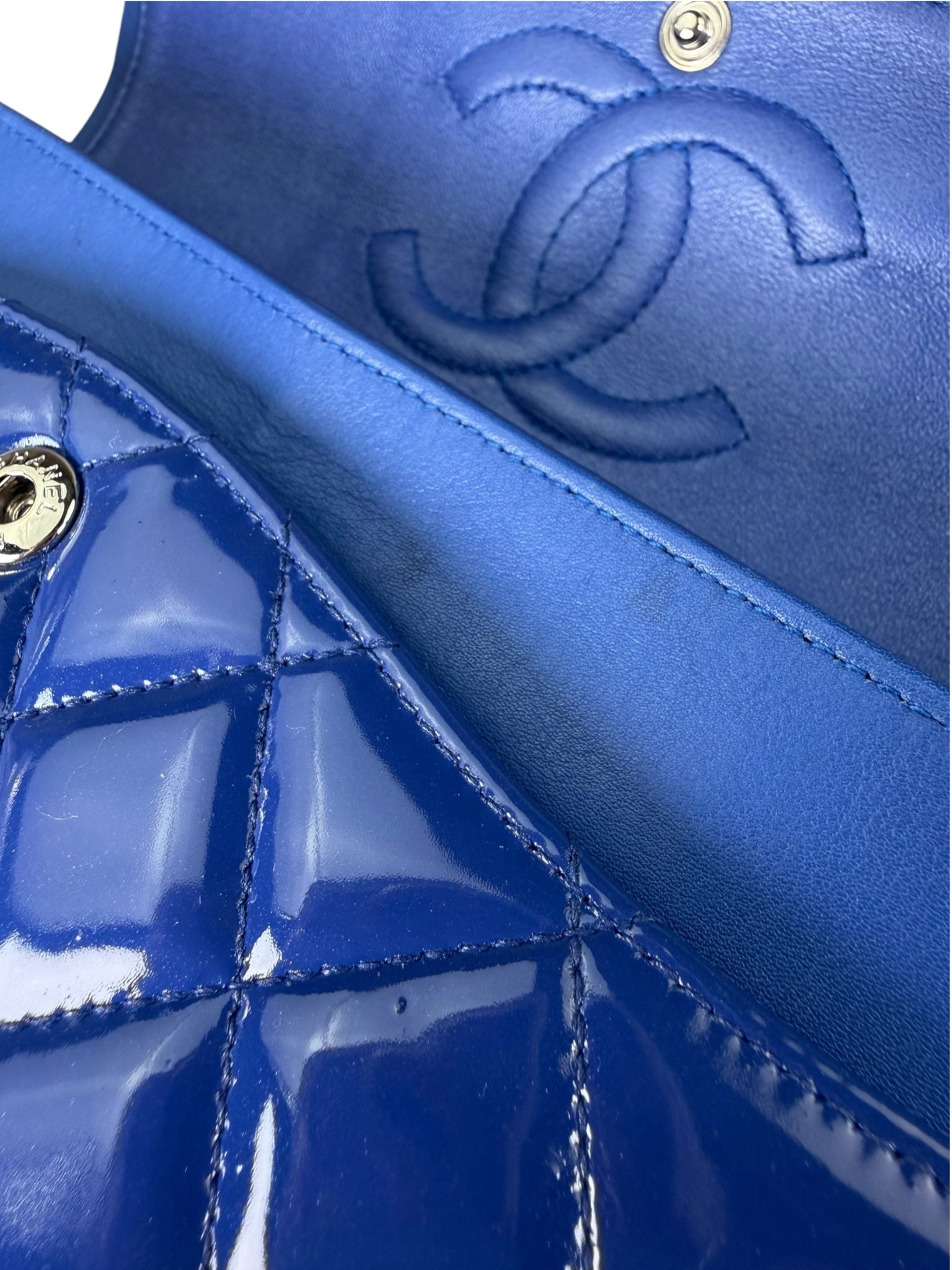 Chanel Shiny Blue Quilted Patent Leather Trim Double Flap Bag 2012