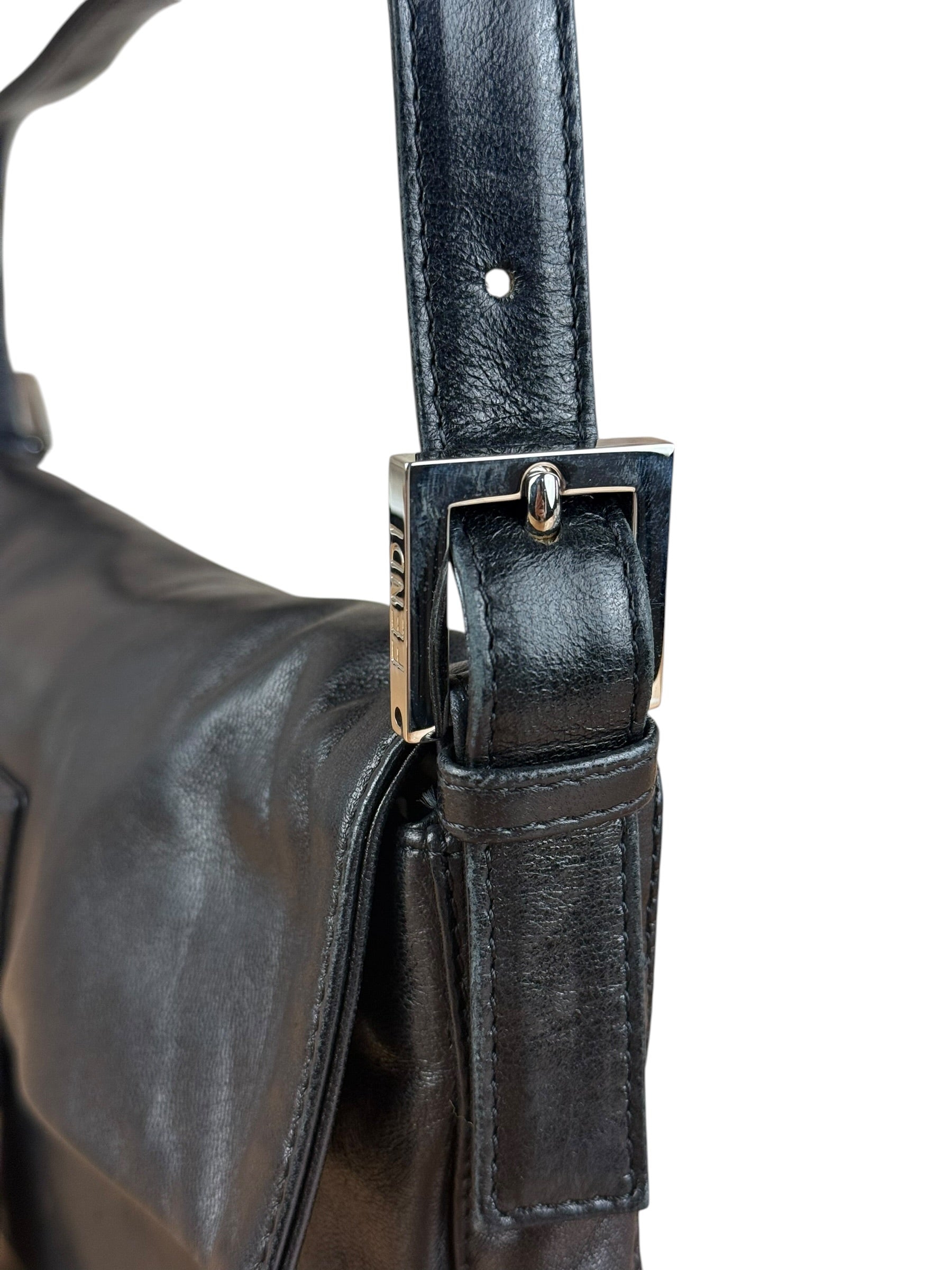 Fendi Vintage Black Leather Marble Buckle Baguette