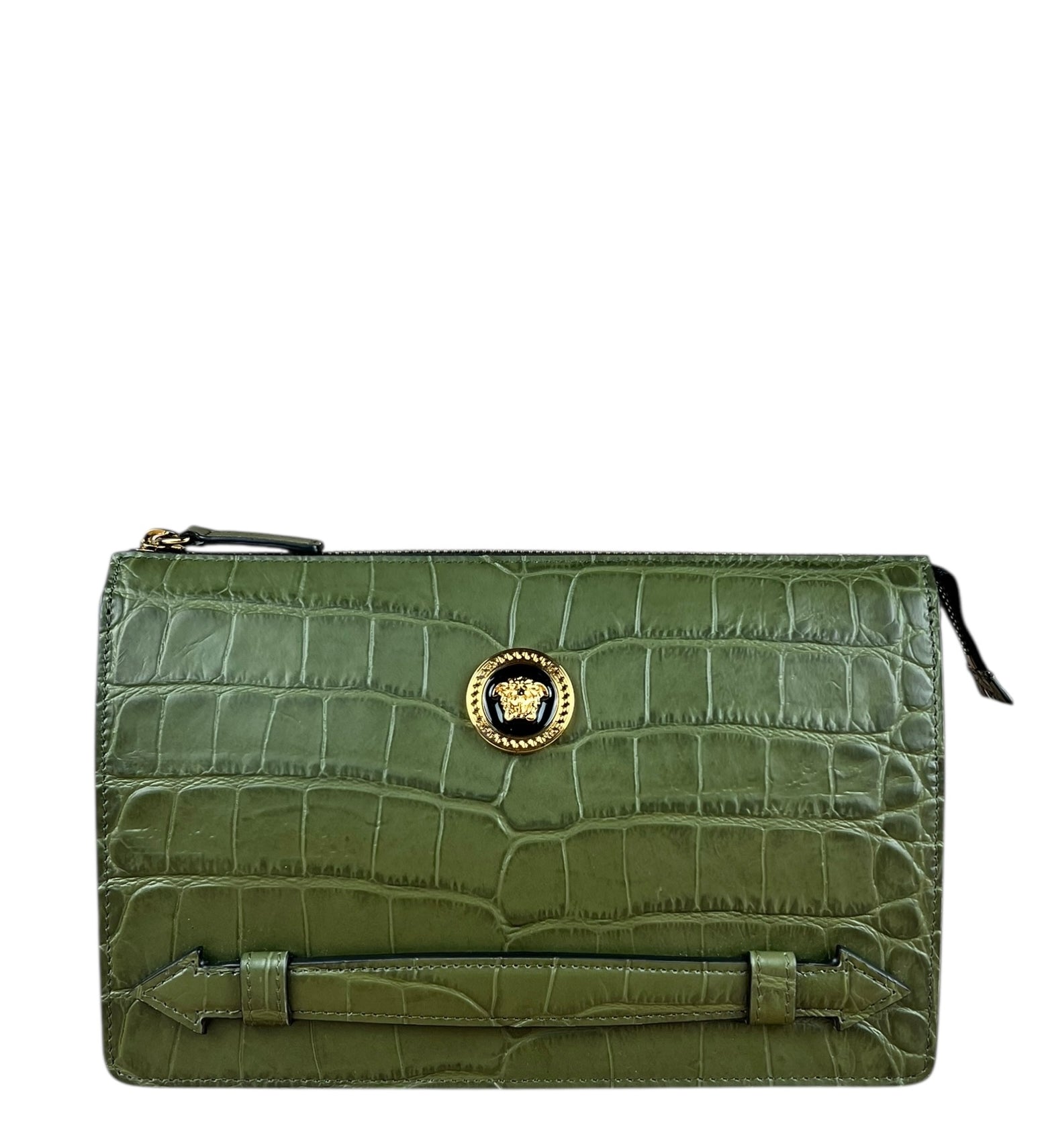 Versace Green Croc-Embossed Medusa Leather Clutch