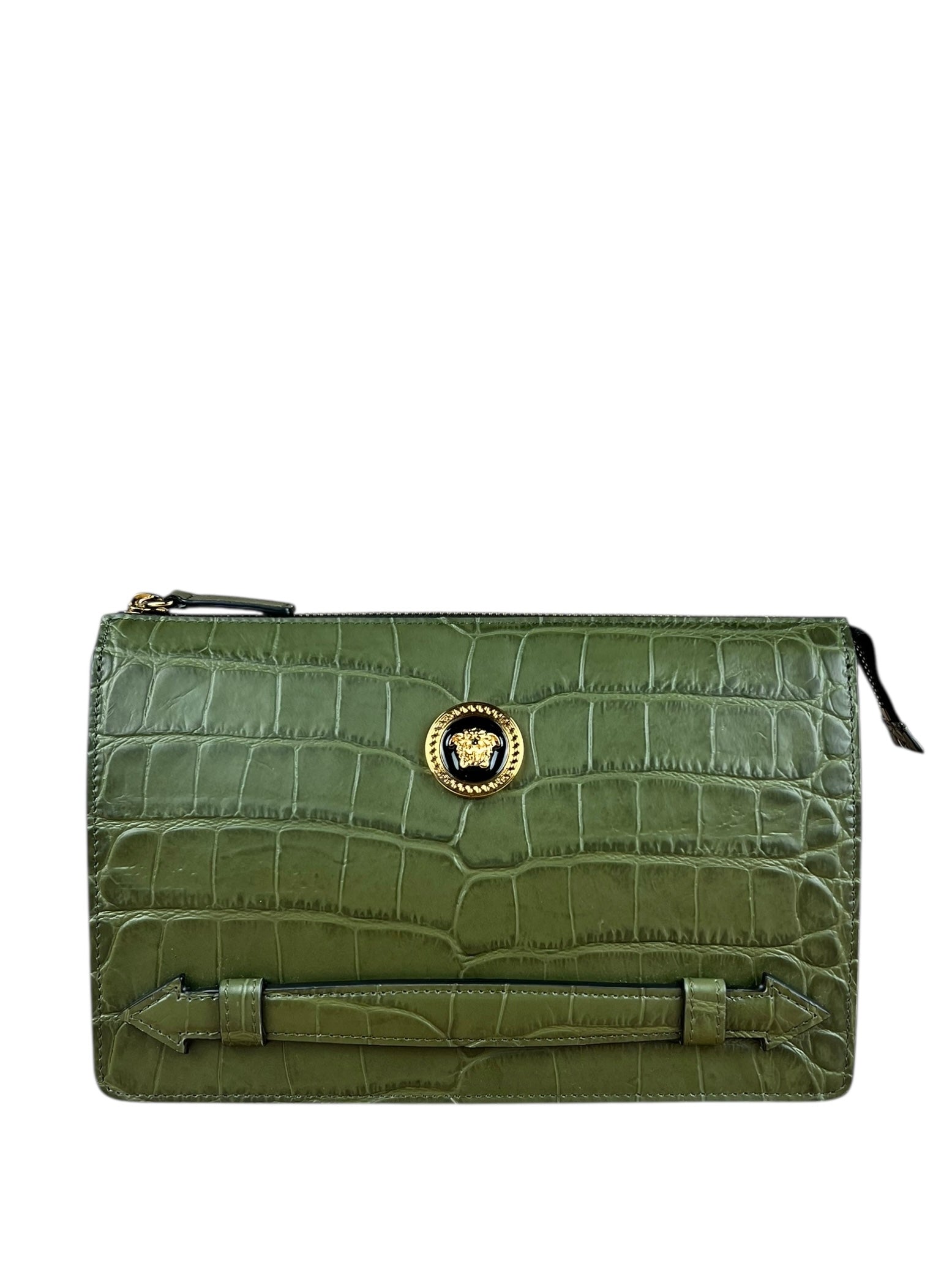 Versace Green Croc-Embossed Medusa Leather Clutch