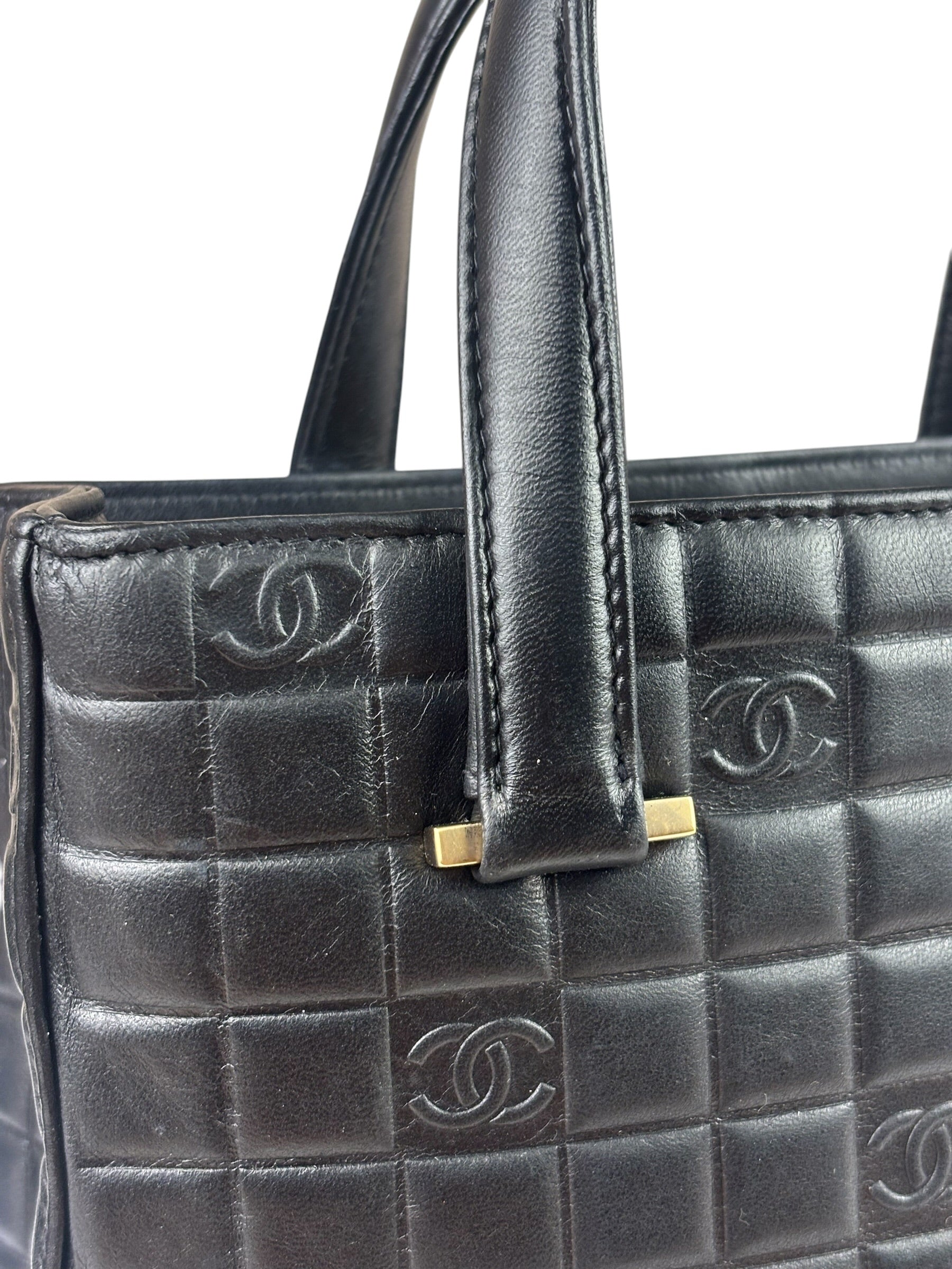 Chanel Vintage Black Leather Chocolate Bar Tote Bag 1992