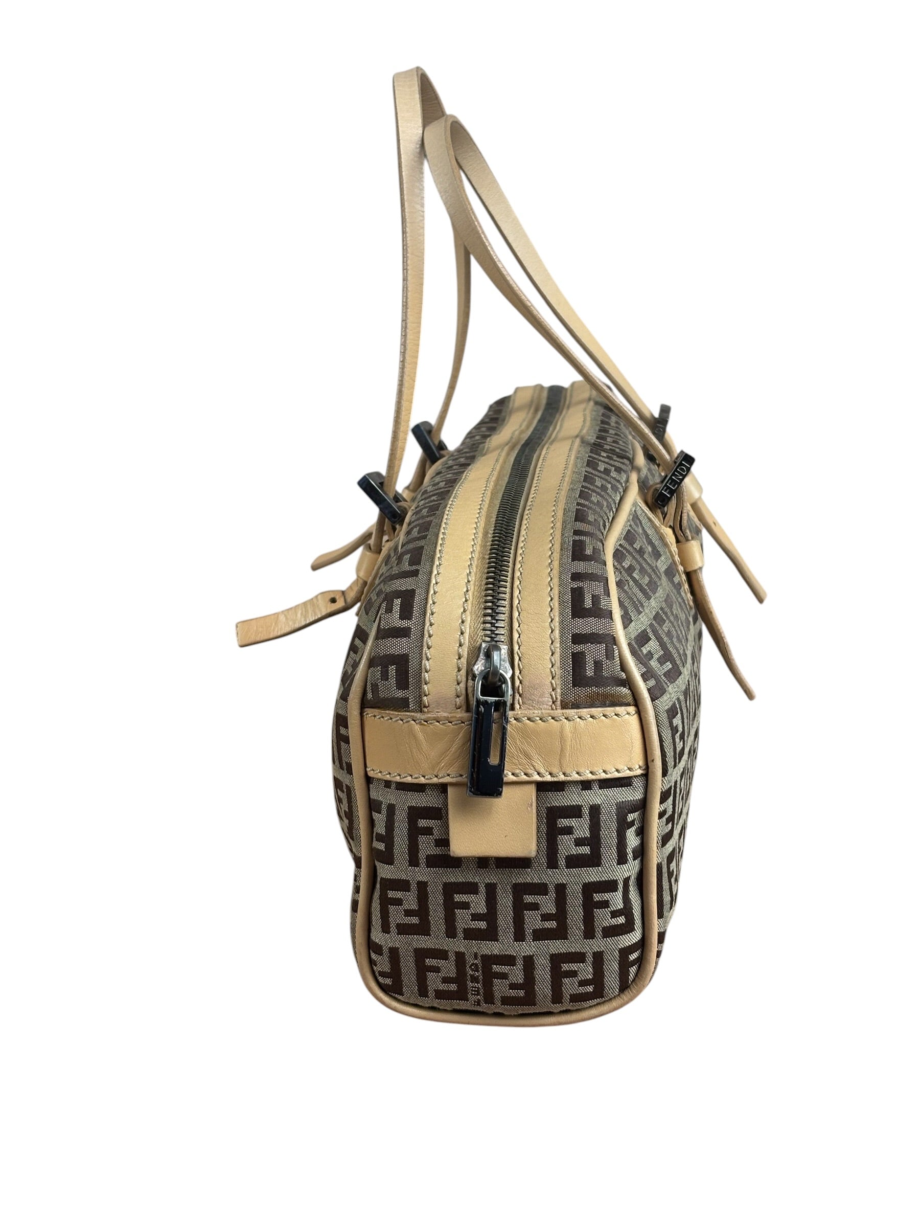 Fendi Beige Leather Trim Zucca Small Boston Bag