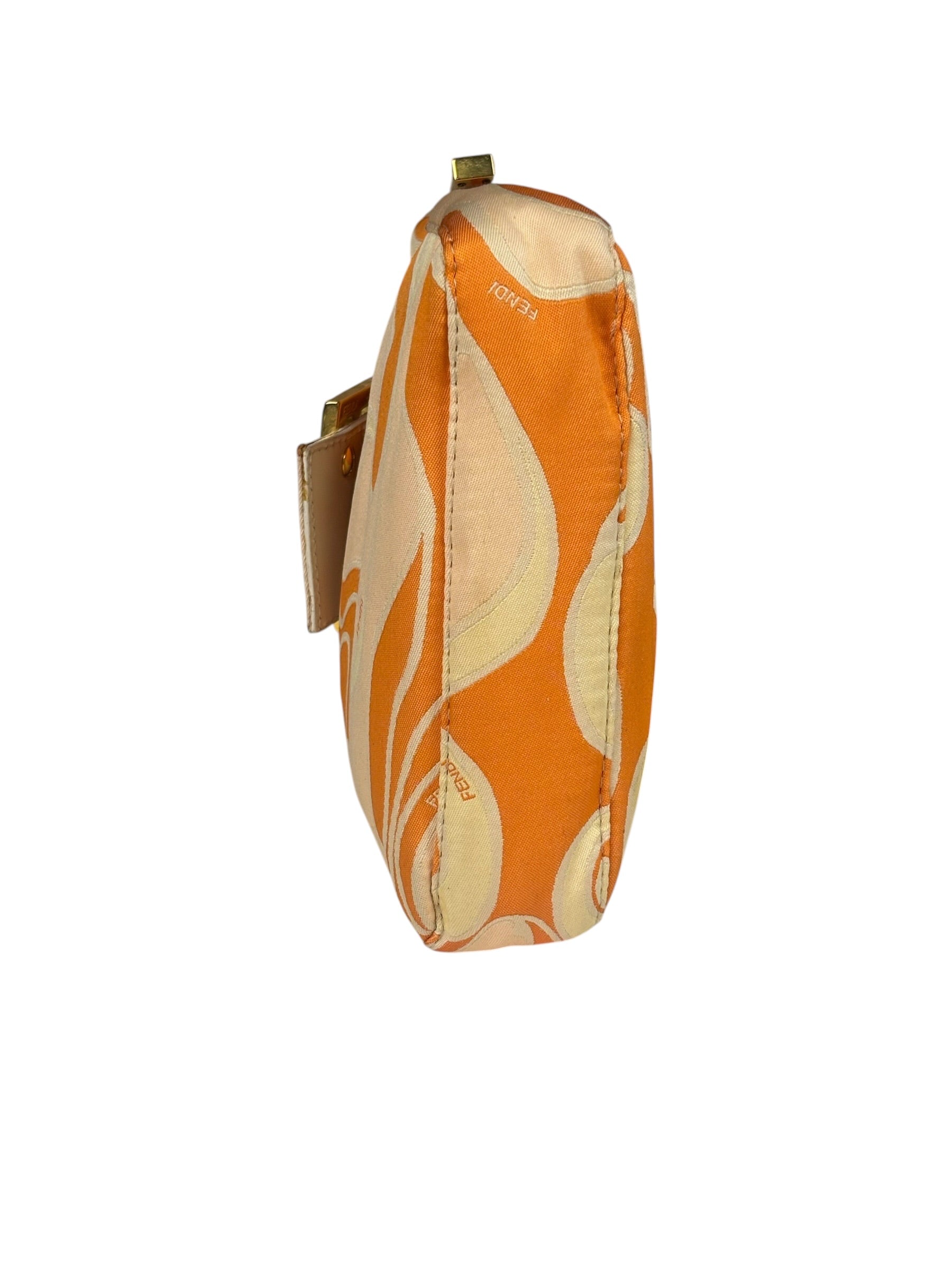 Fendi Orange Leather Trim/Satin Swirl Print Mini Baguette