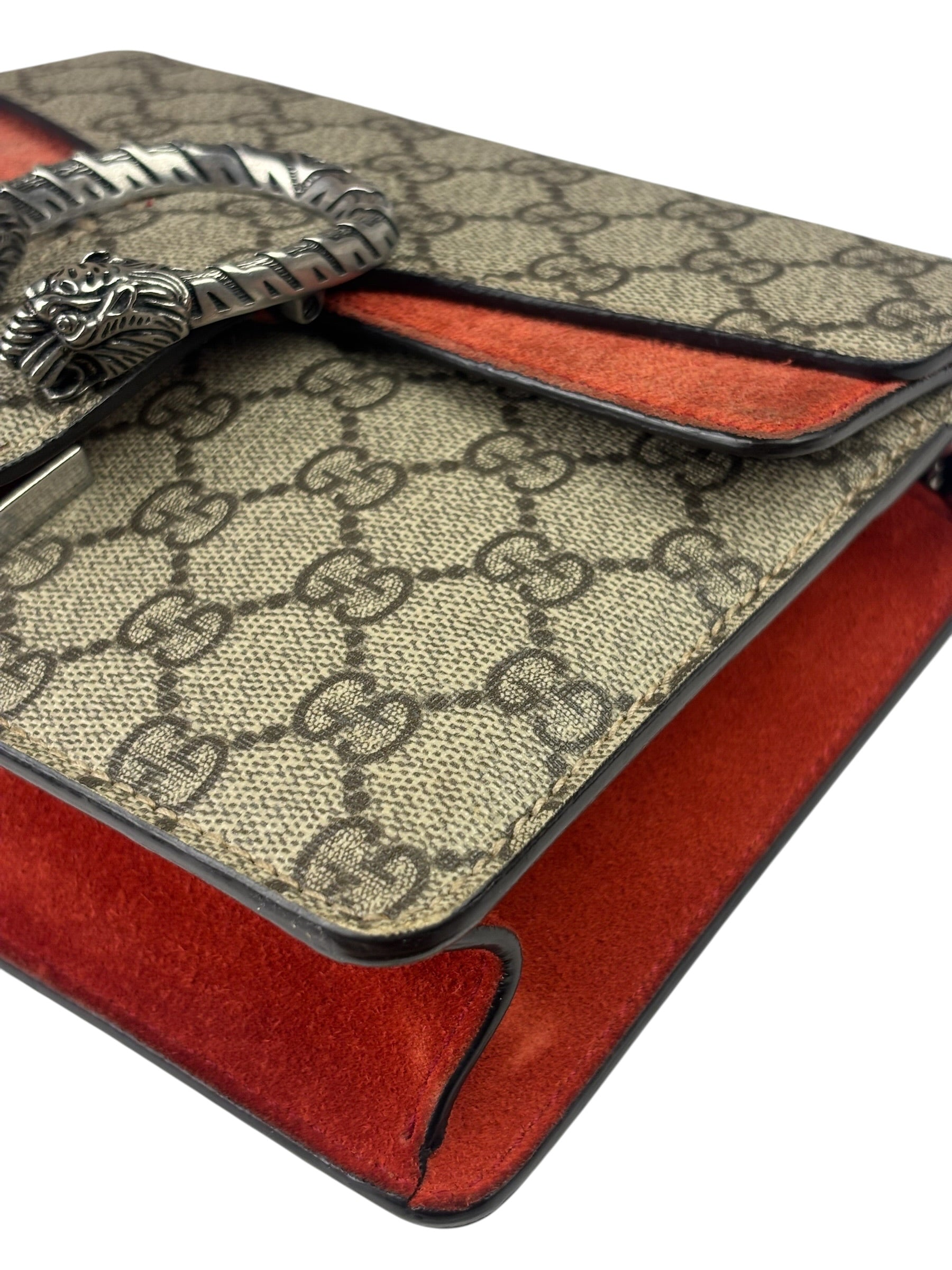Gucci Beige/Red Leather/Suede Trim GG Supreme Dionysus Small Shoulder Bag