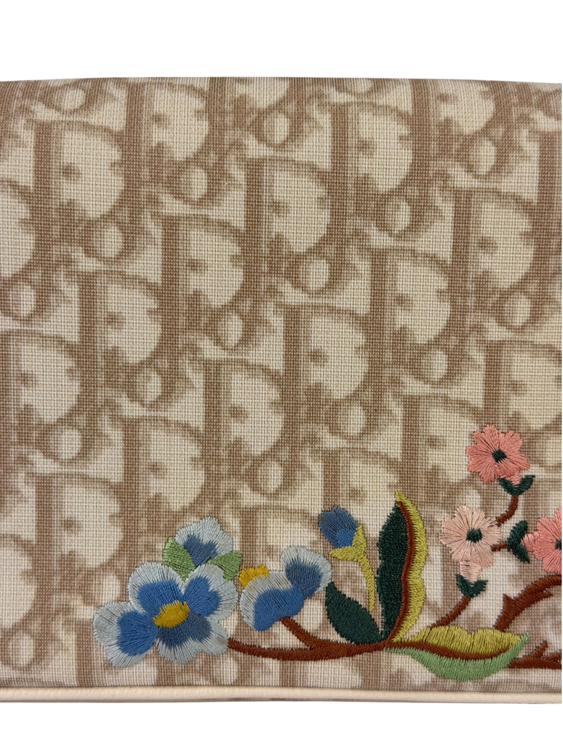 Christian Dior Beige Leather Trim Trotter Floral Embroidered Flap Bag
