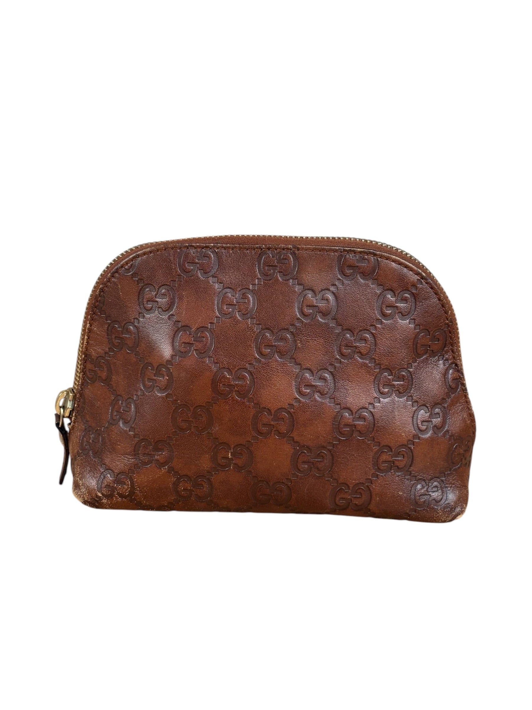 Gucci Vintage Brown Leather GG Zip Pouch