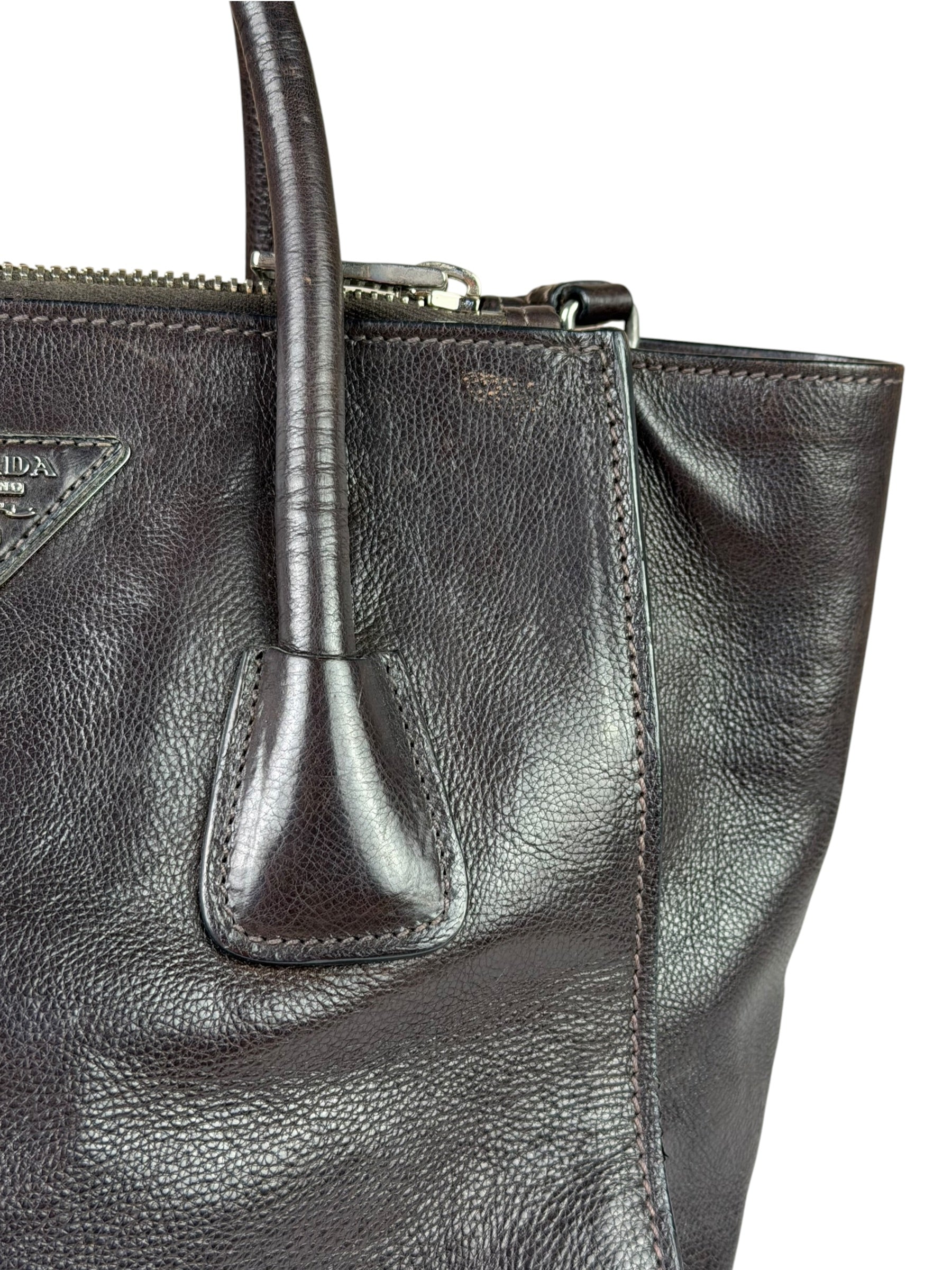 Prada Dark Brown Calf Leather Glace Twin-Pocket Tote