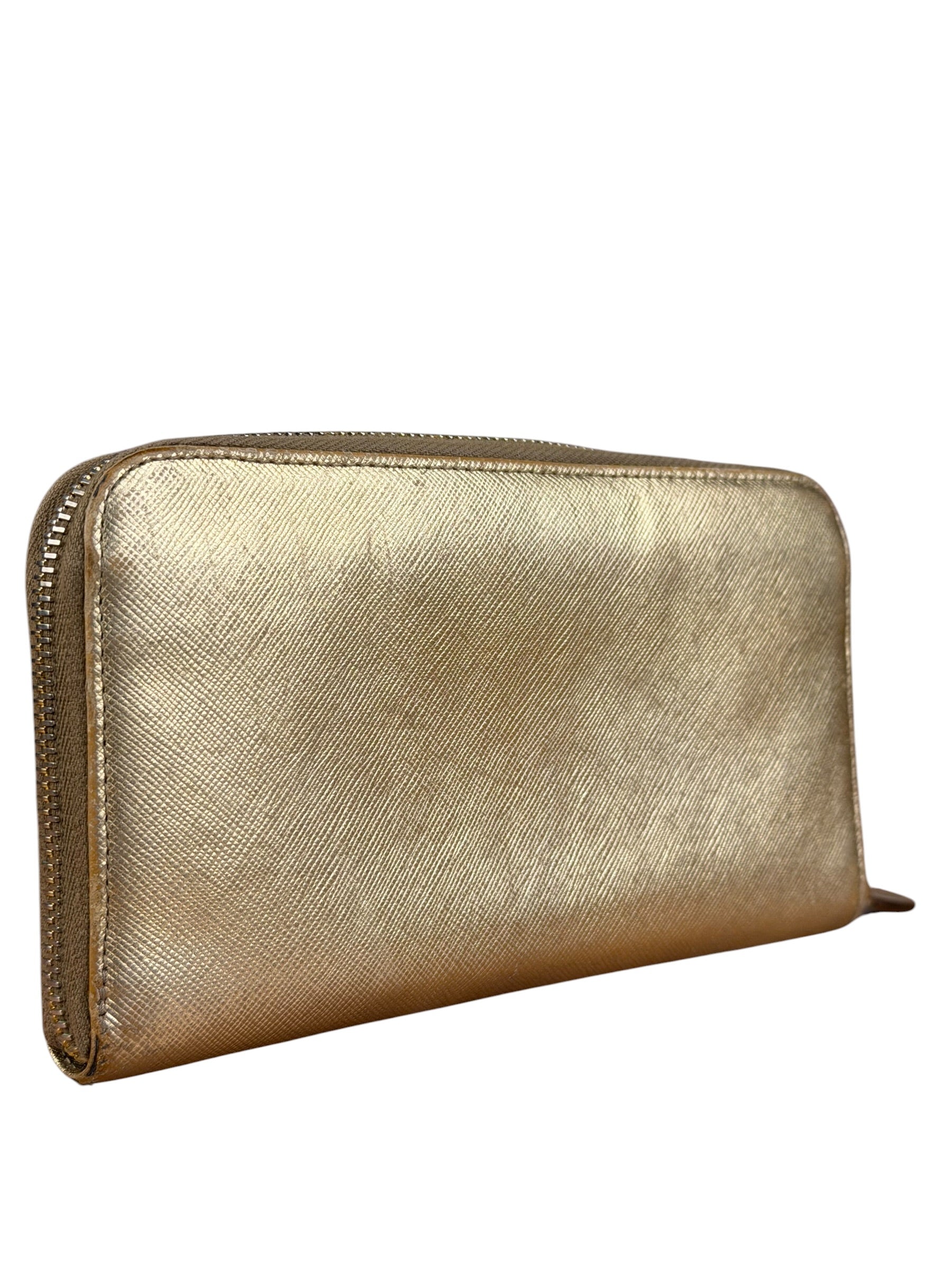 Prada Metallic Gold Saffiano Leather Zip-Around Wallet