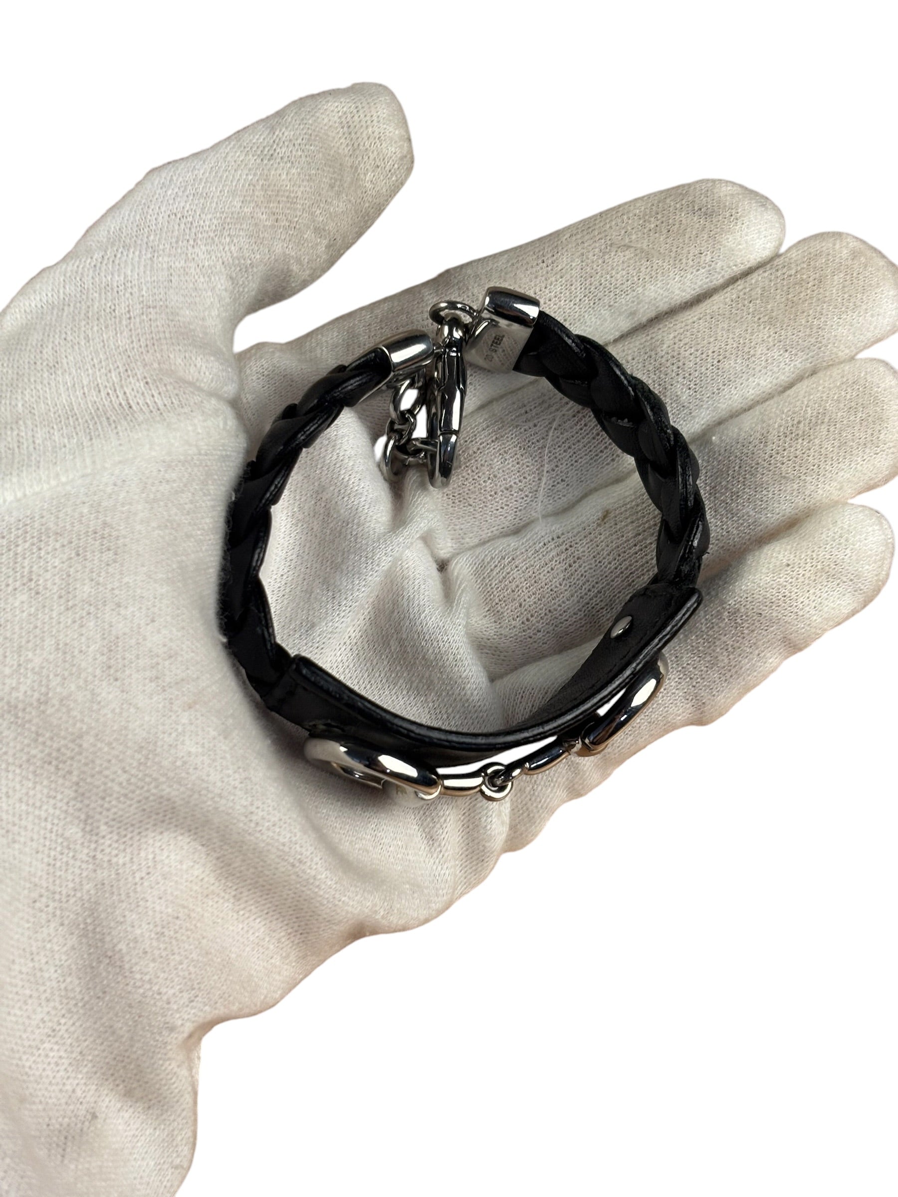 Gucci Black Braided Leather Horsebit Bracelet