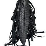 Bottega Veneta Black Leather Intercciato Woven Fringe Wristlet