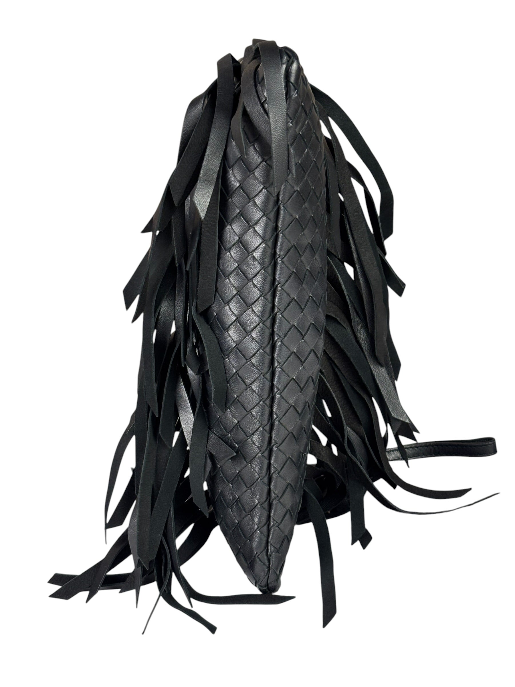Bottega Veneta Black Leather Intercciato Woven Fringe Wristlet