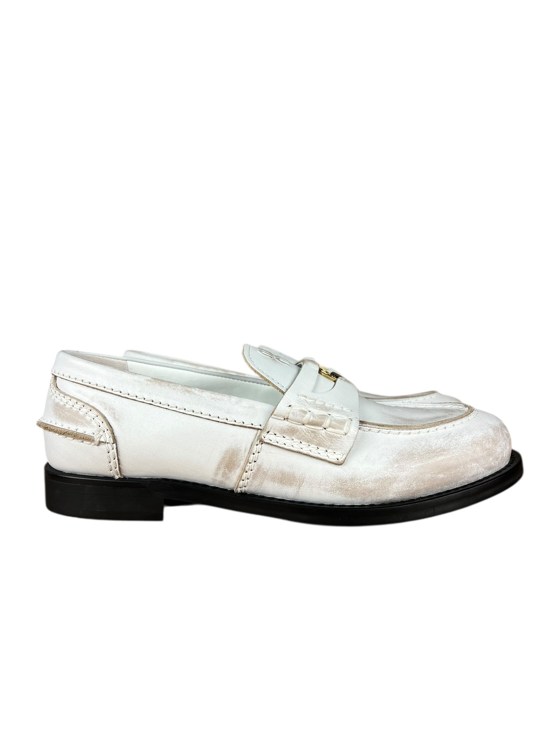 Miu Miu White Distressed Leather Penny Loafers