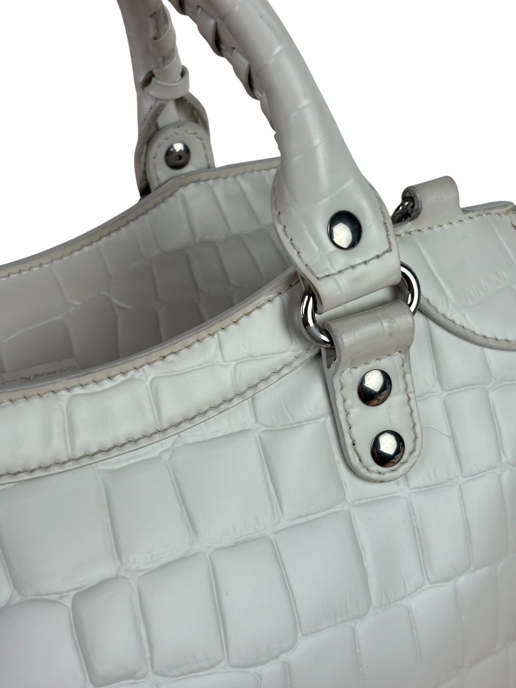 Balenciaga White Crocodile-Embossed Leather Two-Way Bag