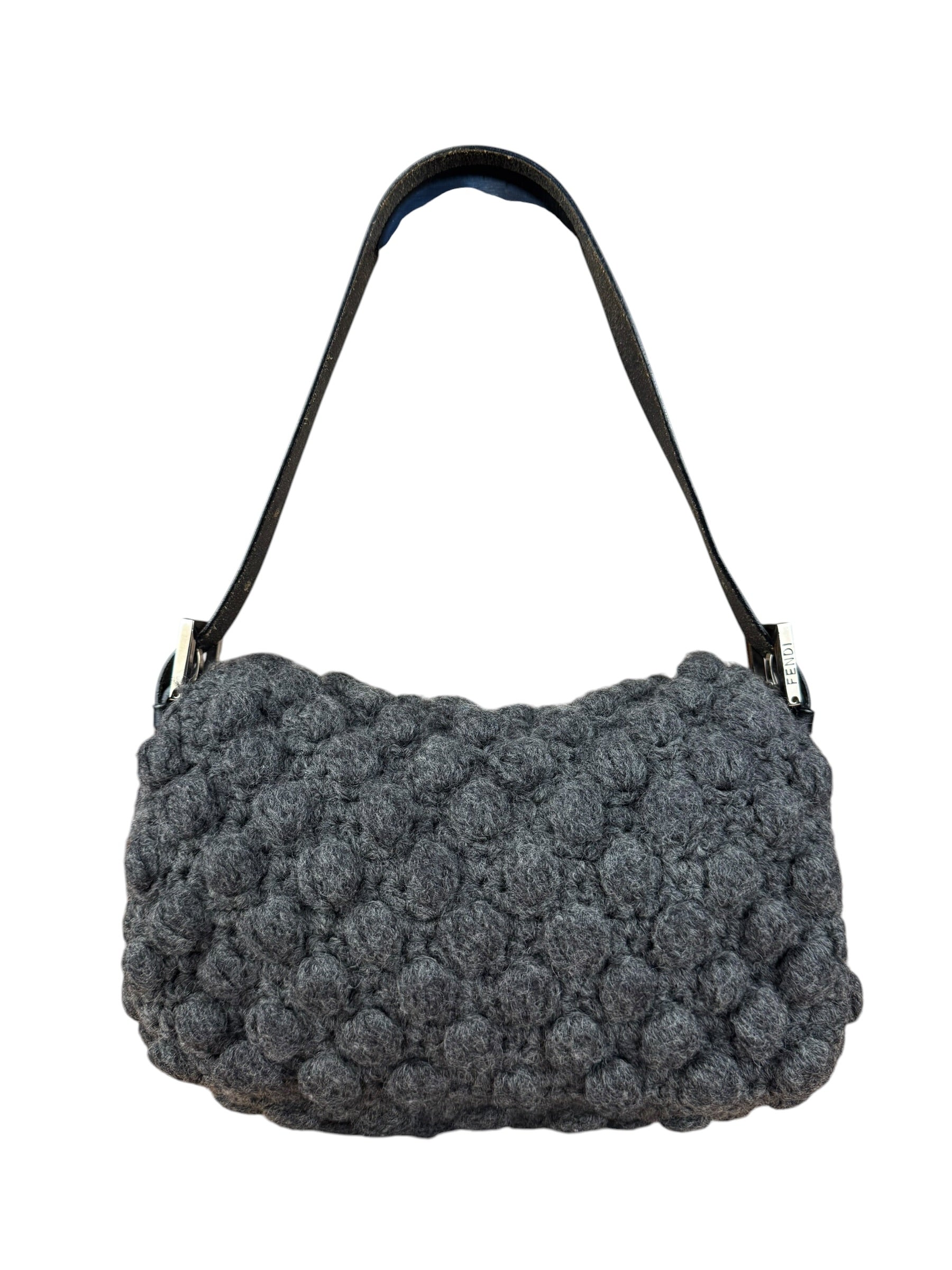 Fendi Grey Wool Crochet FF Baguette Shoulder Bag