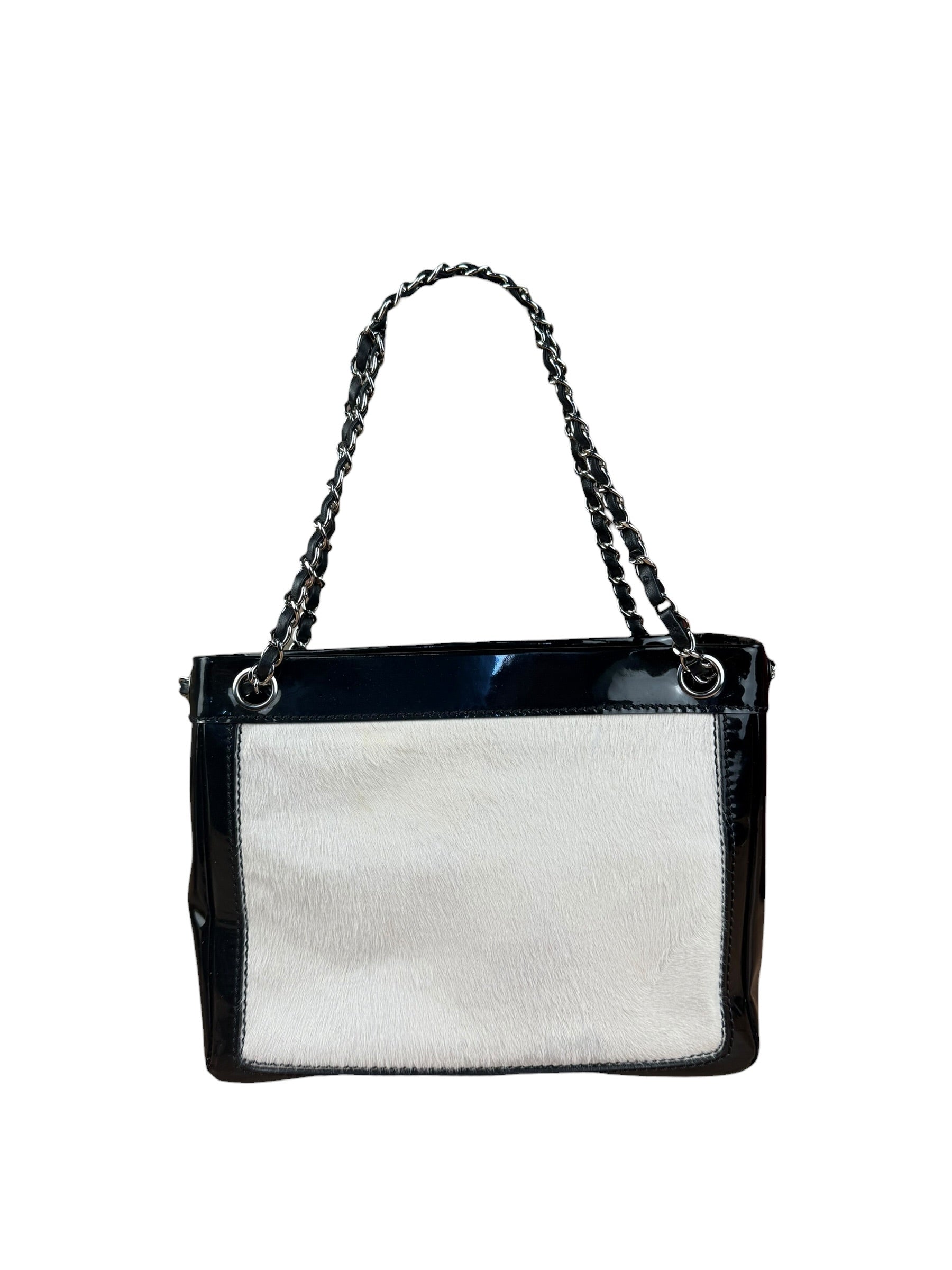 Chanel Vintage Black Patent Pony Hair Chain Pocket Tote 2005