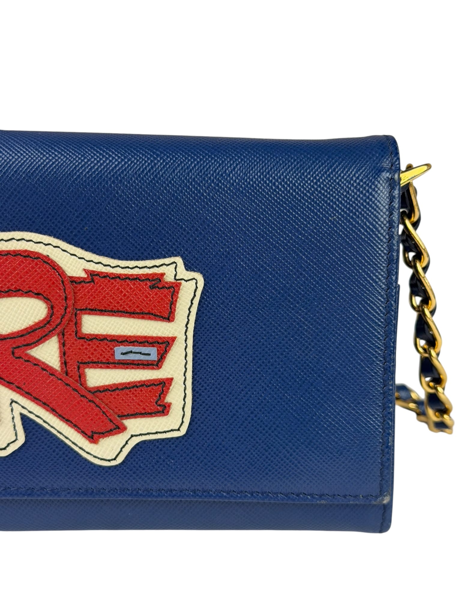 Prada Blue Saffiano Leather Fire Flap Wallet On Chain