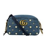 Gucci Blue Denim GG Marmont Pearl Camera Bag