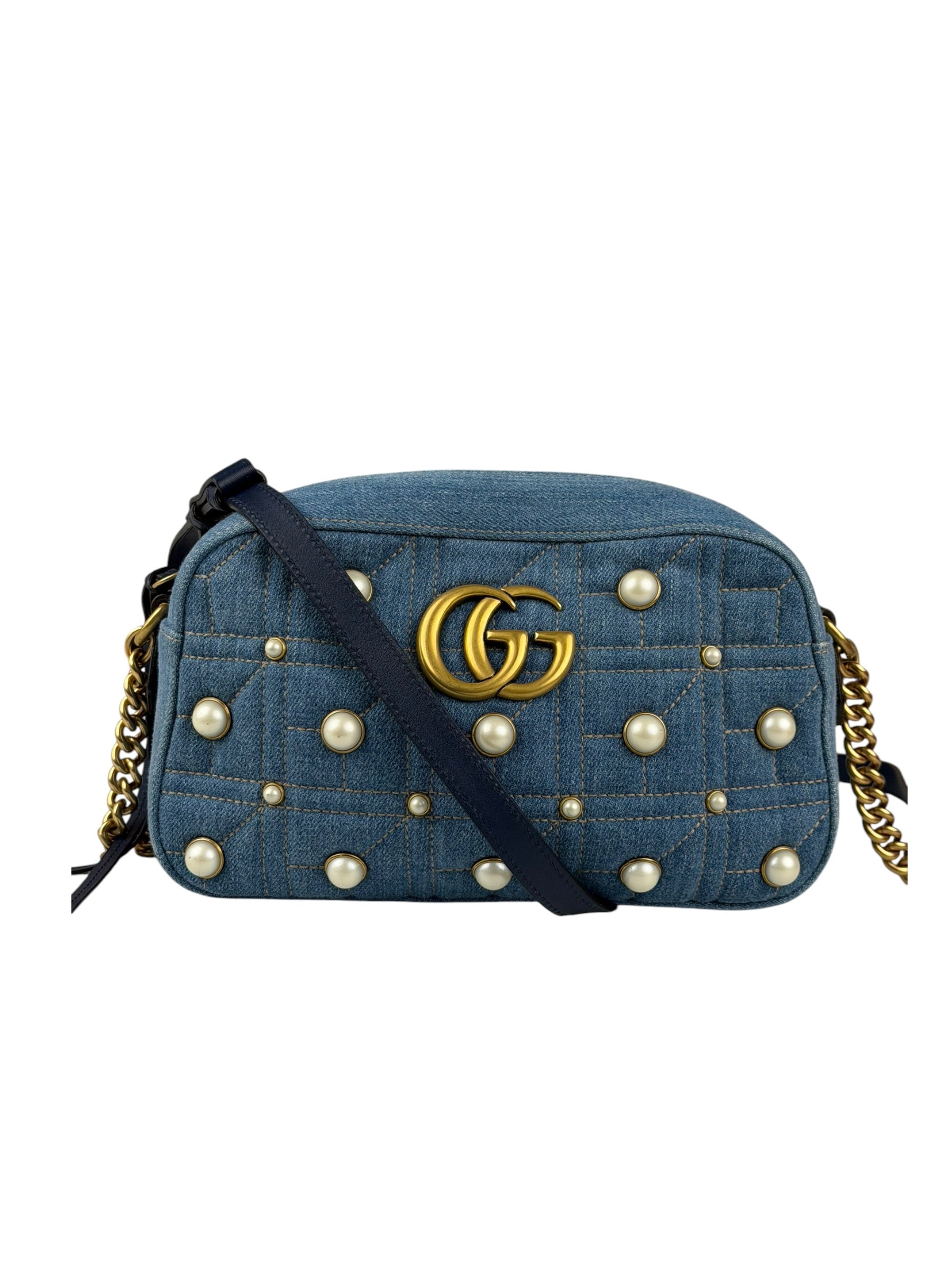Gucci Blue Denim GG Marmont Pearl Camera Bag