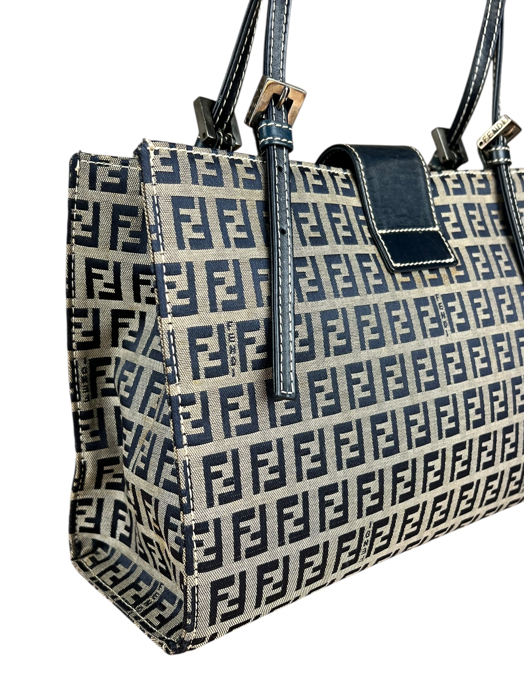 Fendi FF Buckle Navy Zucca Tote Handbag