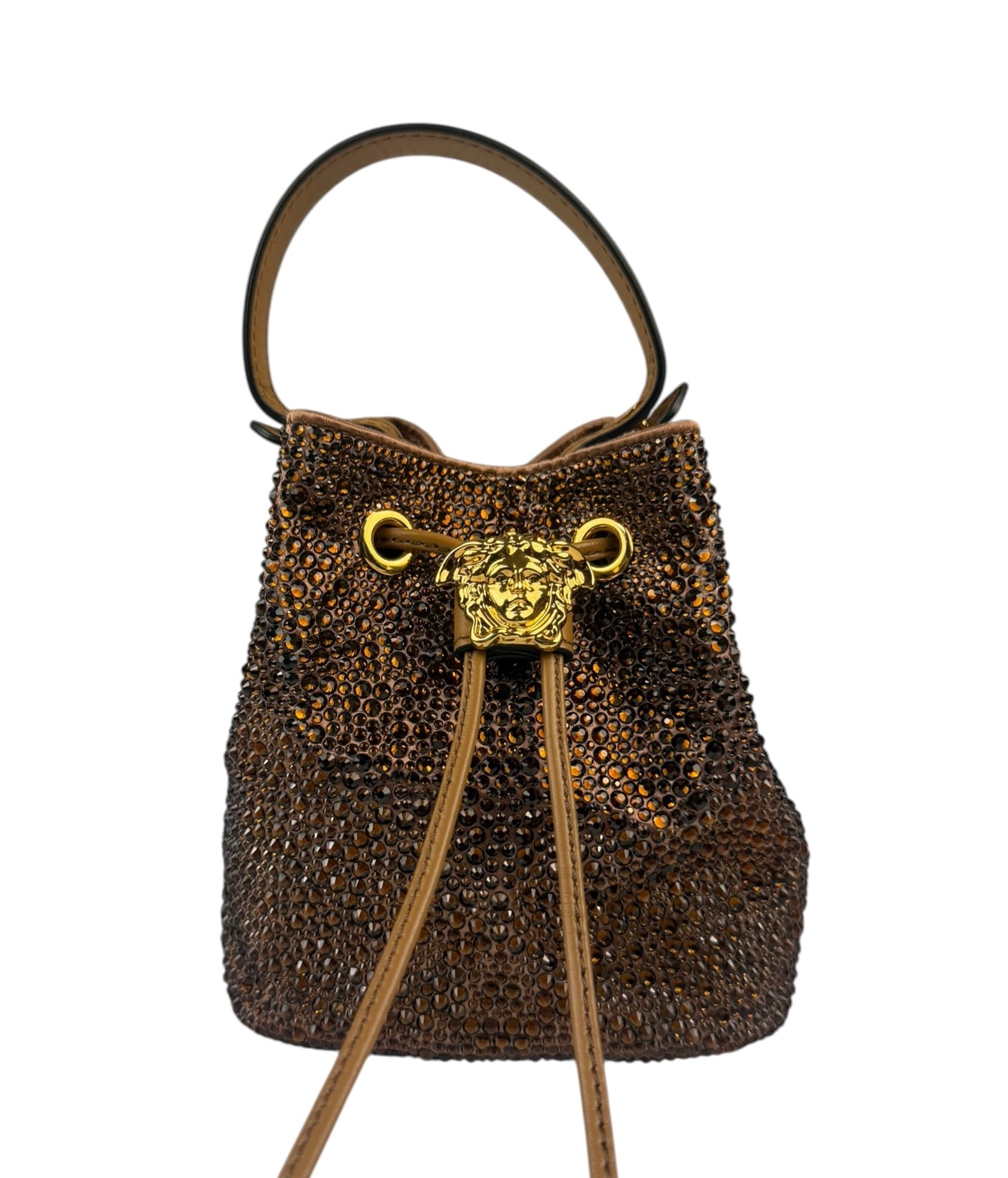 Versace La Medusa Brown Satin Crystal Embellished Mini Bucket Bag