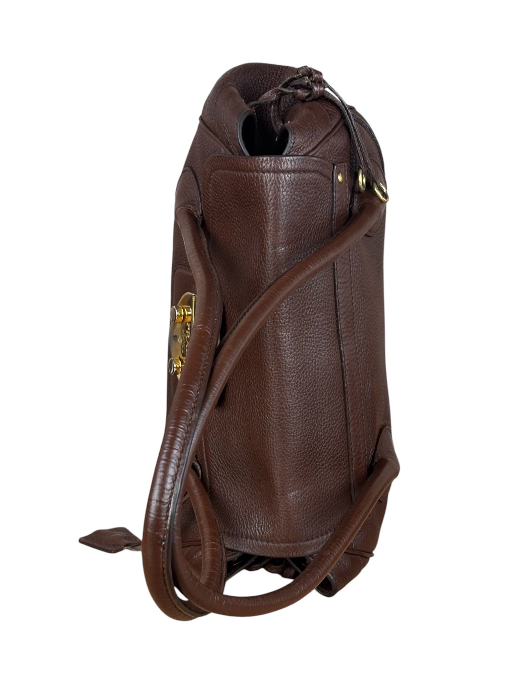 Prada Rich Brown Vitello Daino Sound Lock Satchel Shoulder Bag