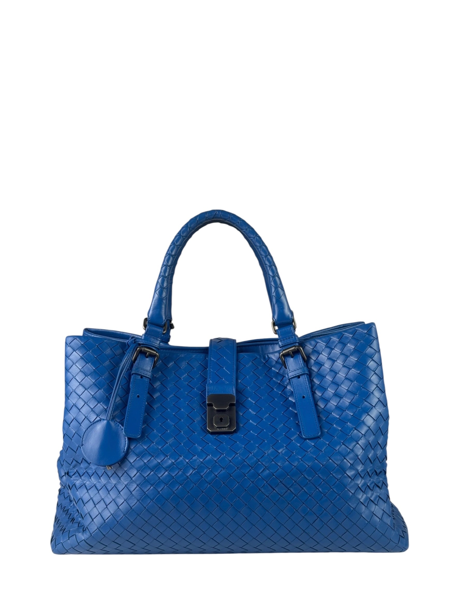 Bottega Venete Blue Lambskin Intrecciato Roma Tote