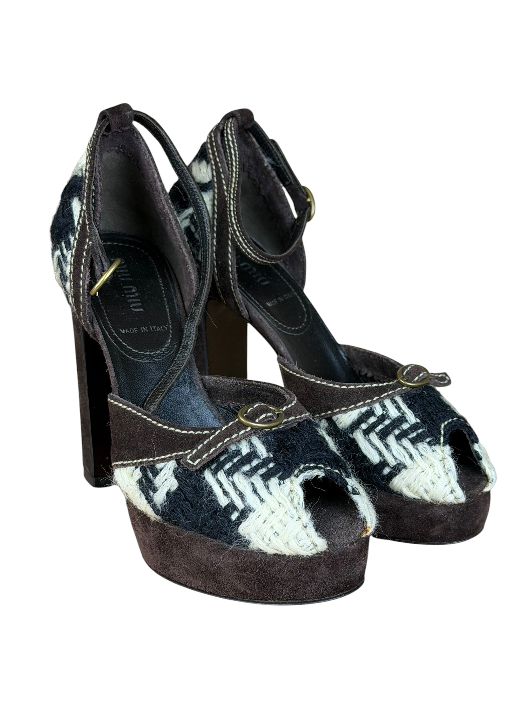 Miu Miu Vintage Woven Tweed Platform Sandals