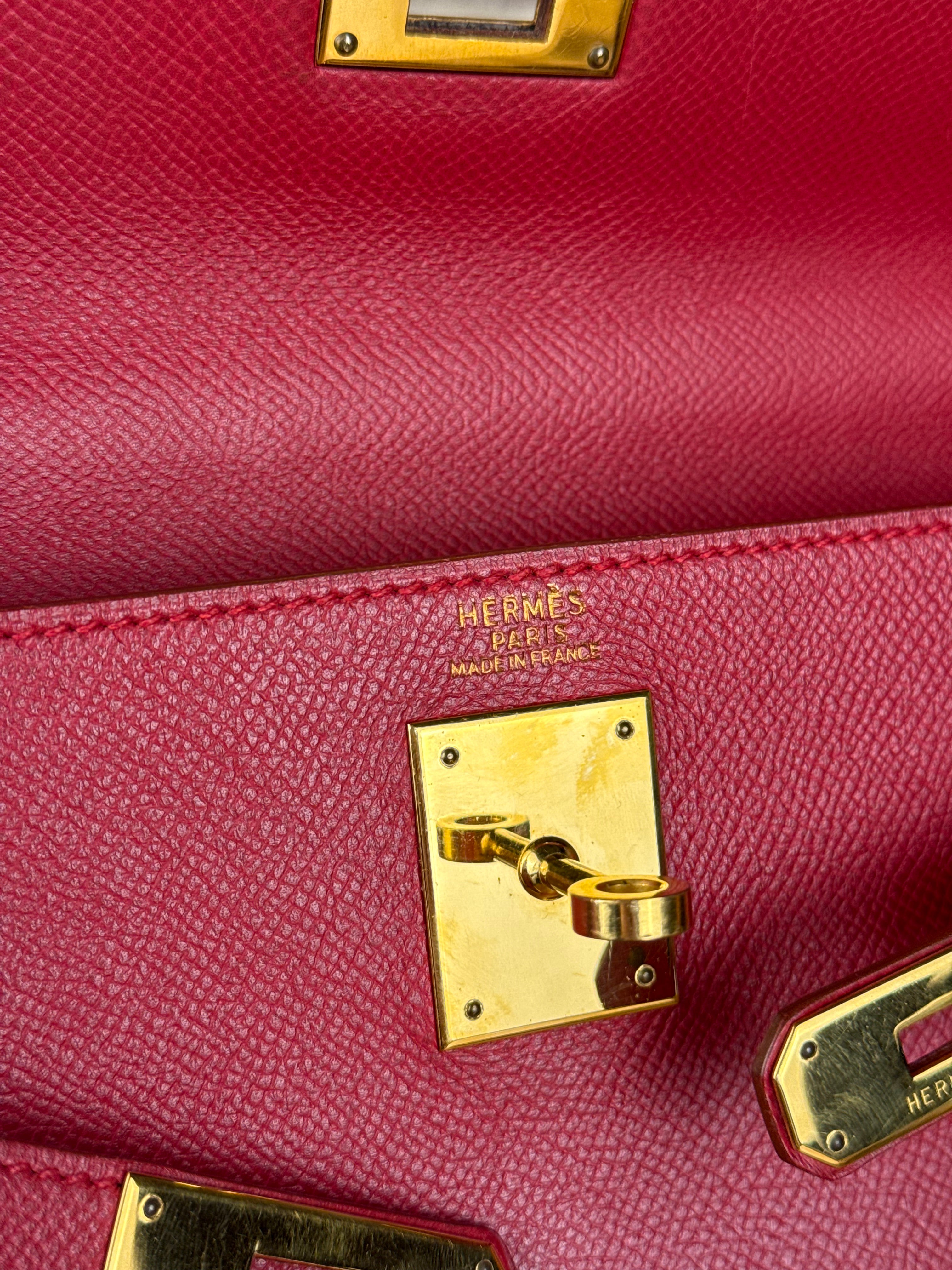 Hermes Kelly 32 Courchevel Rouge Vif Gold Handbag 1997