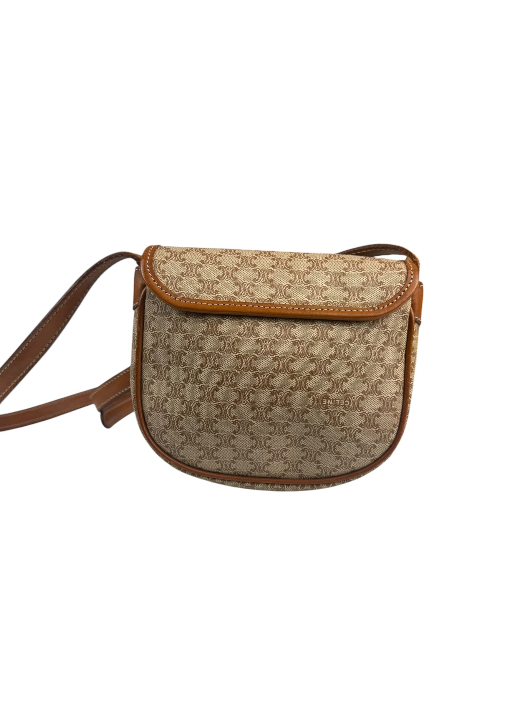 Celine Vintage Beige Leather Trim Macadam Mini Crossbody