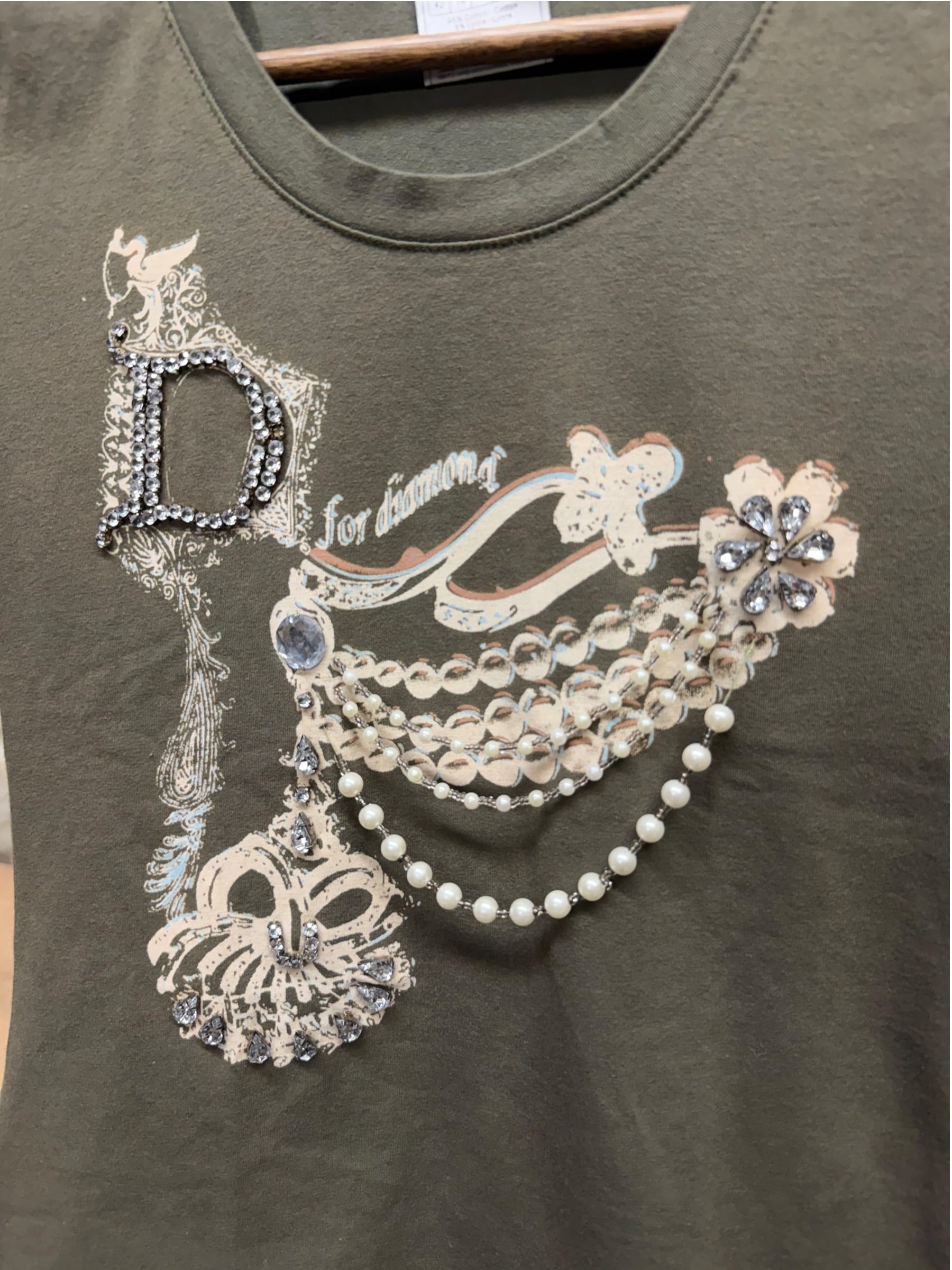 Christian Dior Green Short-Sleeve Diamonds/Pearls Studded T-Shirt