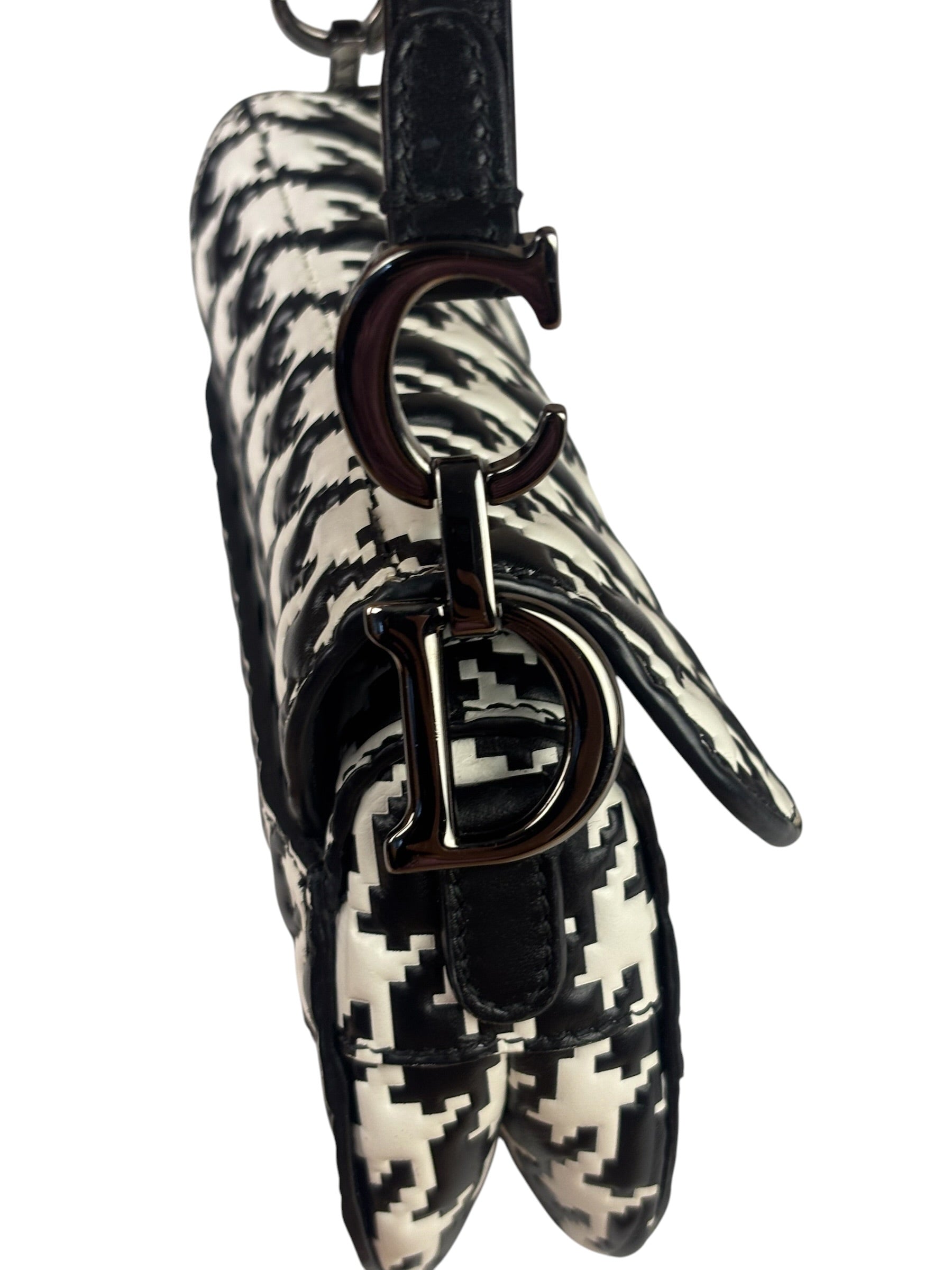 Christian Dior White/Black Leather Houndstooth Micro Saddle Bag