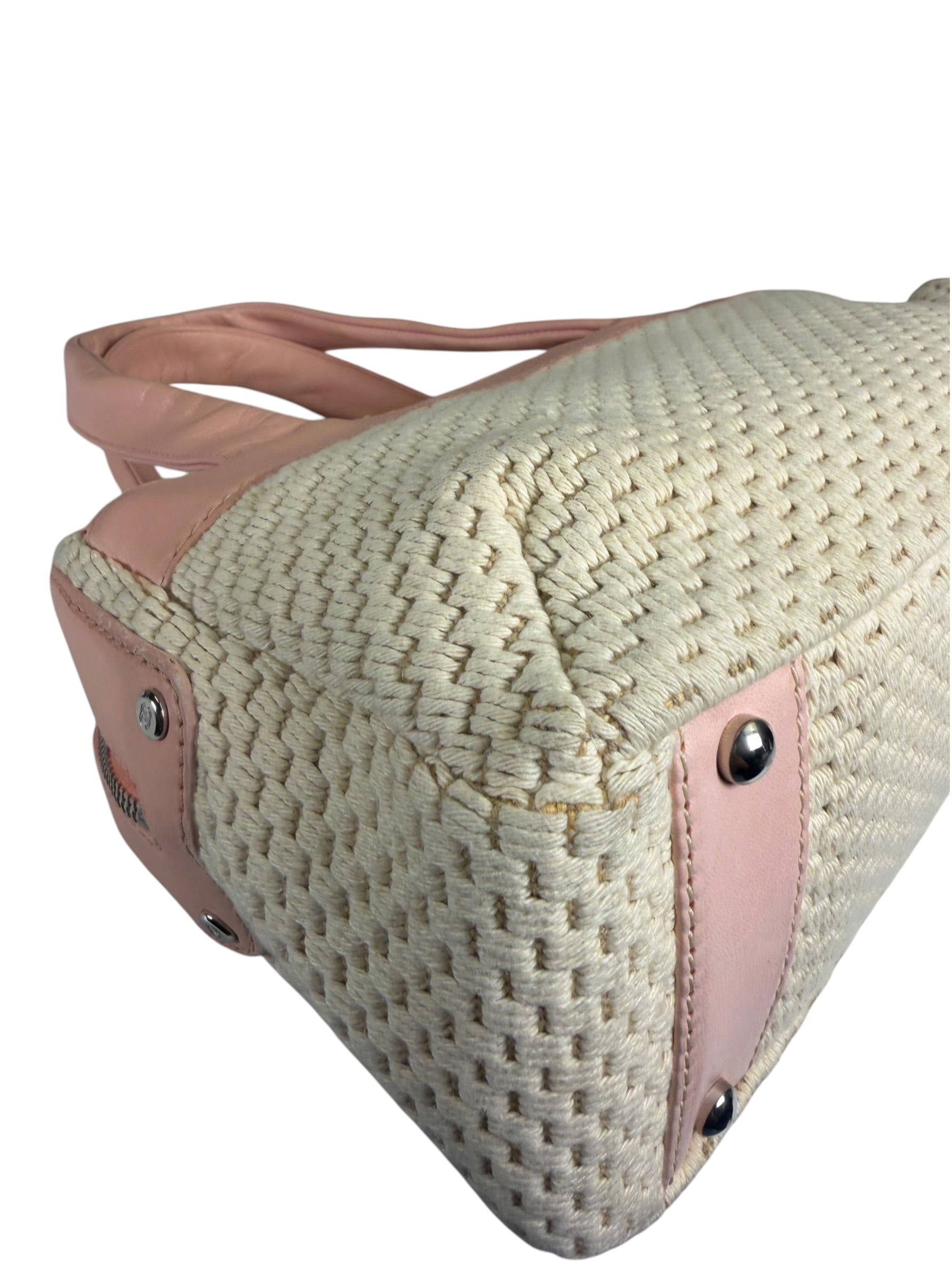Chanel Cream/Pink Leather Lax Crochet Bowler Shoulder Bag 2004
