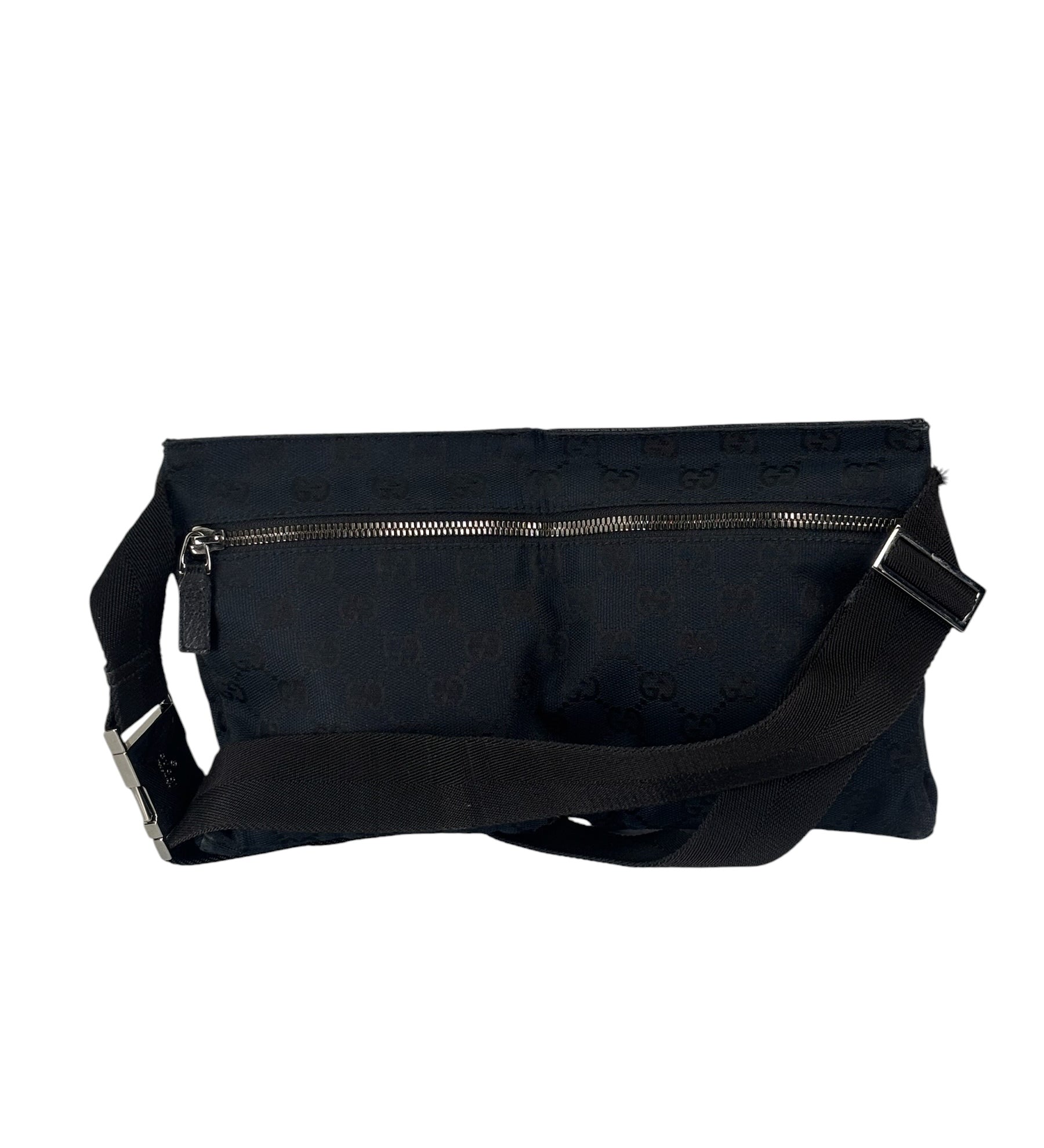 Gucci Black Leather Trim GG Double Pocket Bel Bag