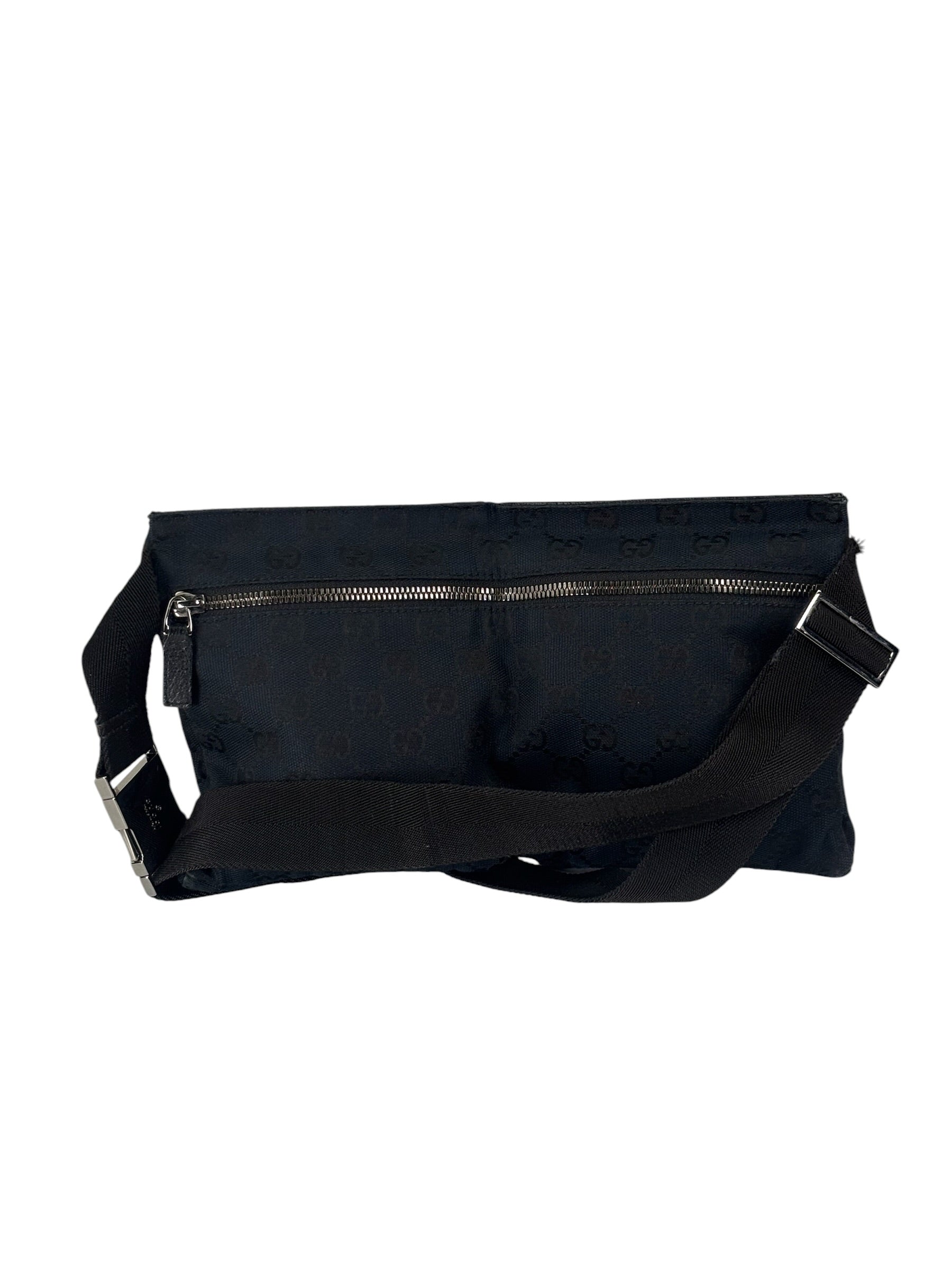 Gucci Black Leather Trim GG Double Pocket Bel Bag